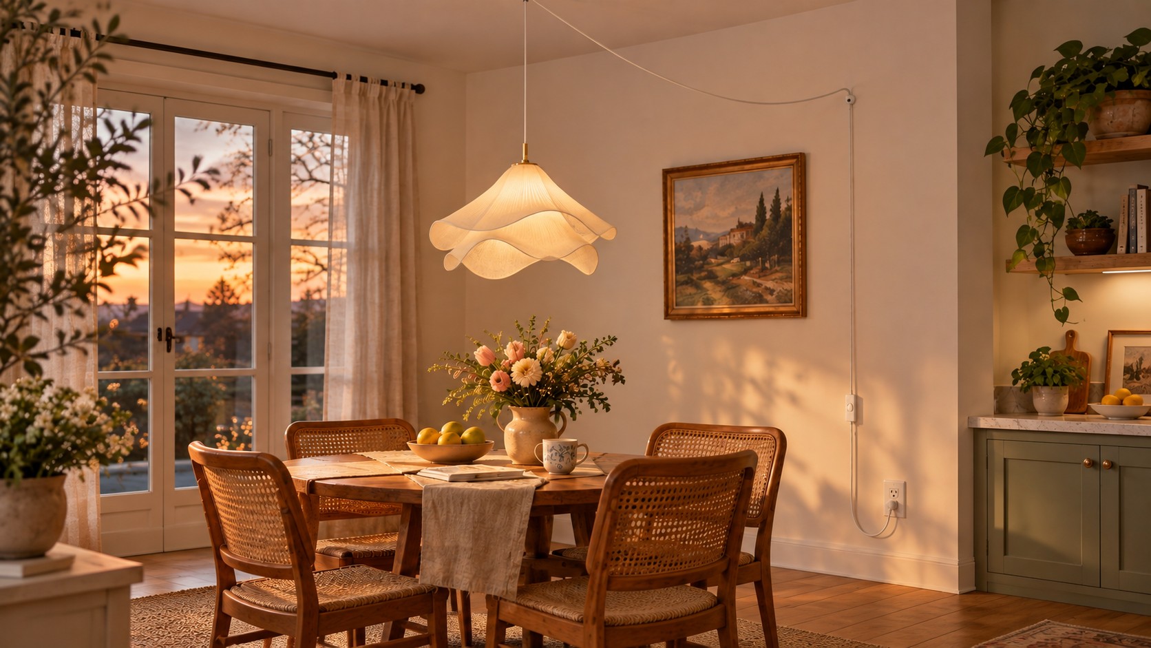 Ethereal Bloom plug-in pendant with cord to the wall