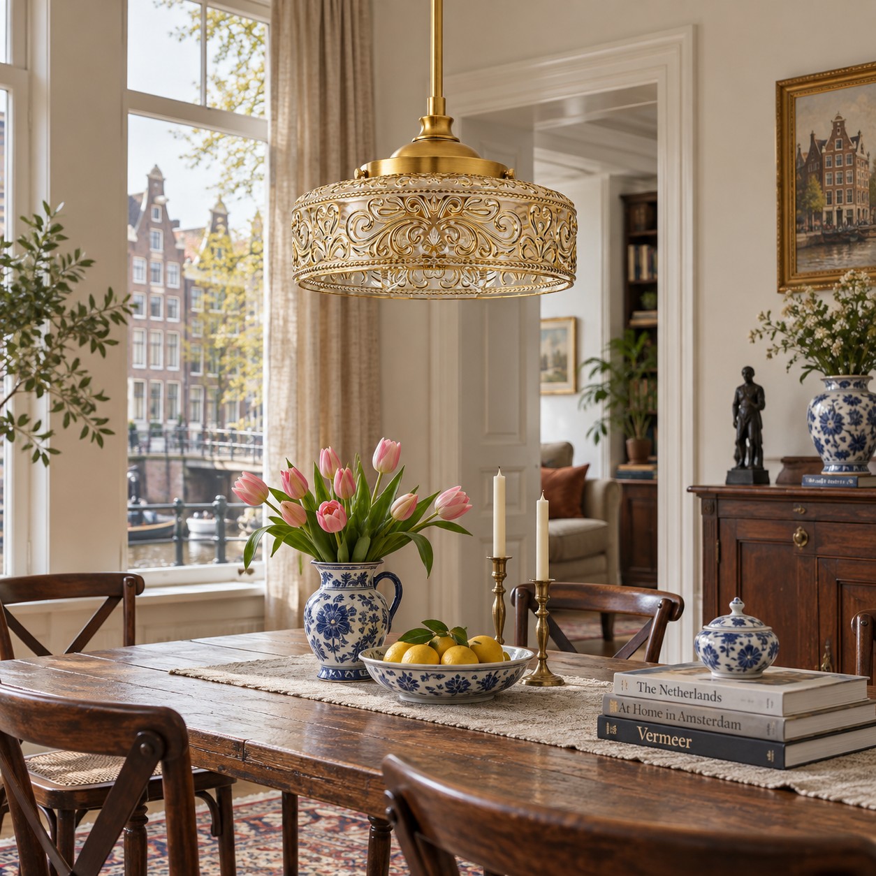 Suspension en verre à motifs en laiton antique au-dessus d'une table à manger au bord du canal