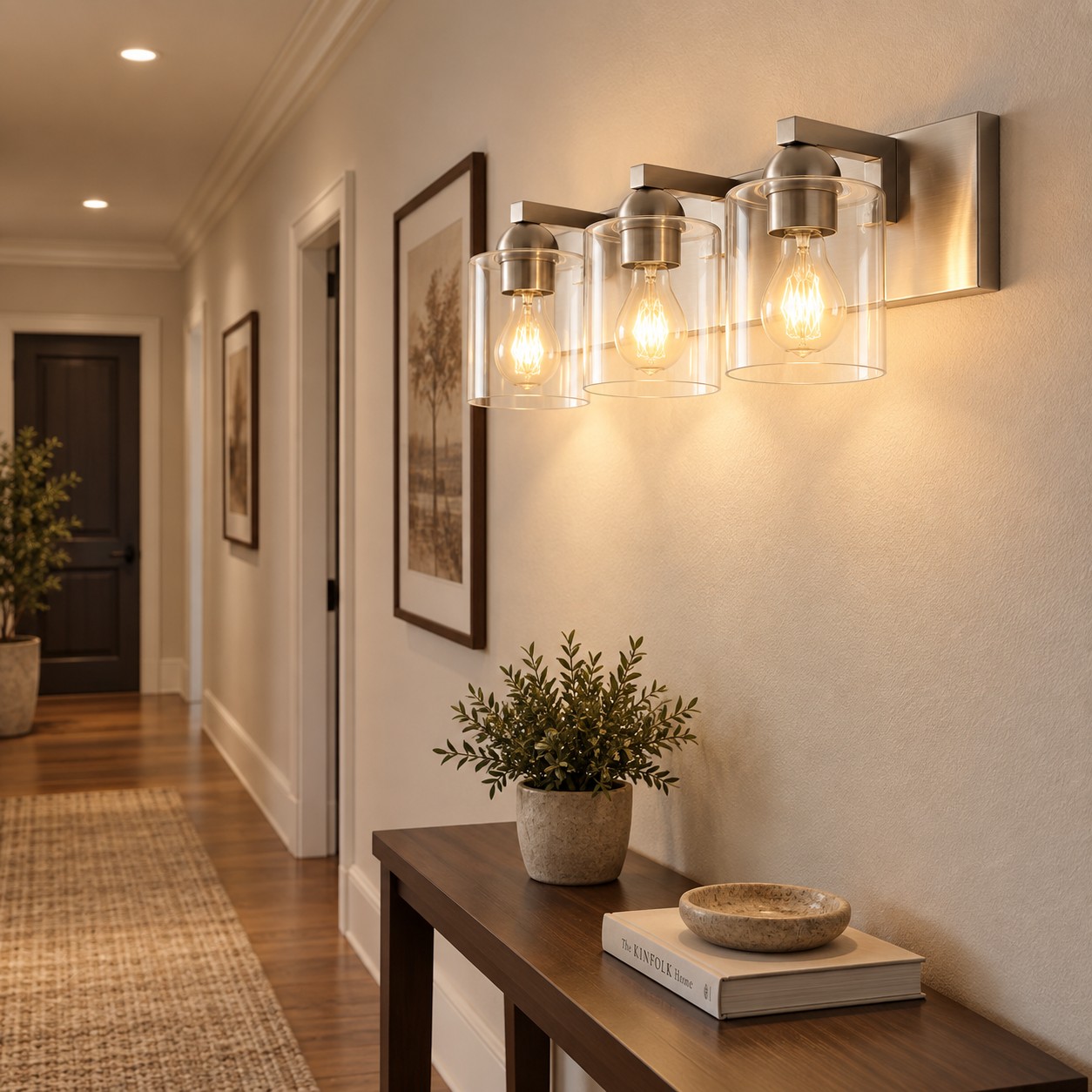 Aplique de pared de vidrio transparente con tres luces en un pasillo