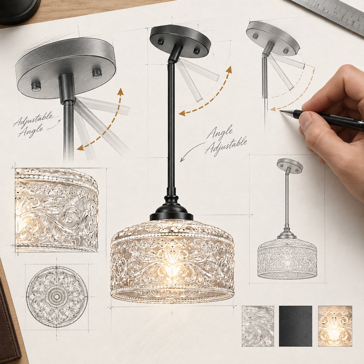 Croquis de conception montrant la tige du luminaire suspendu ajustée selon plusieurs angles