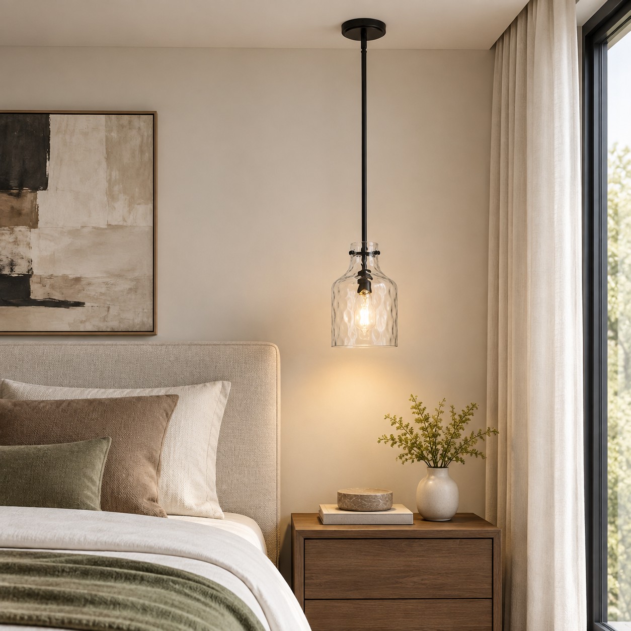 Glaspendelleuchte im Schlafzimmer