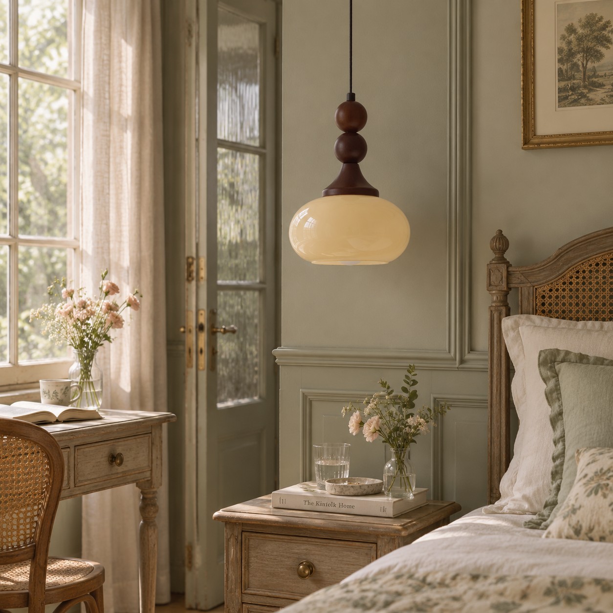 Colgante de cristal color crema junto a la cama de un dormitorio