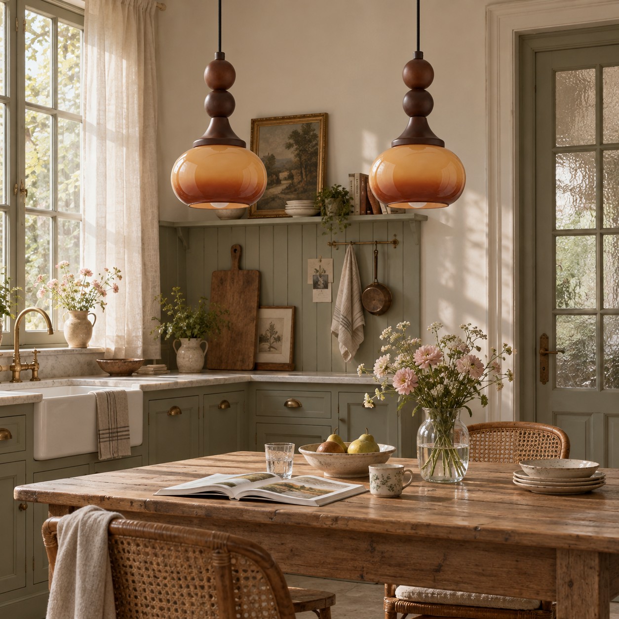 Colgantes de vidrio marrón sobre una mesa de comedor de cocina