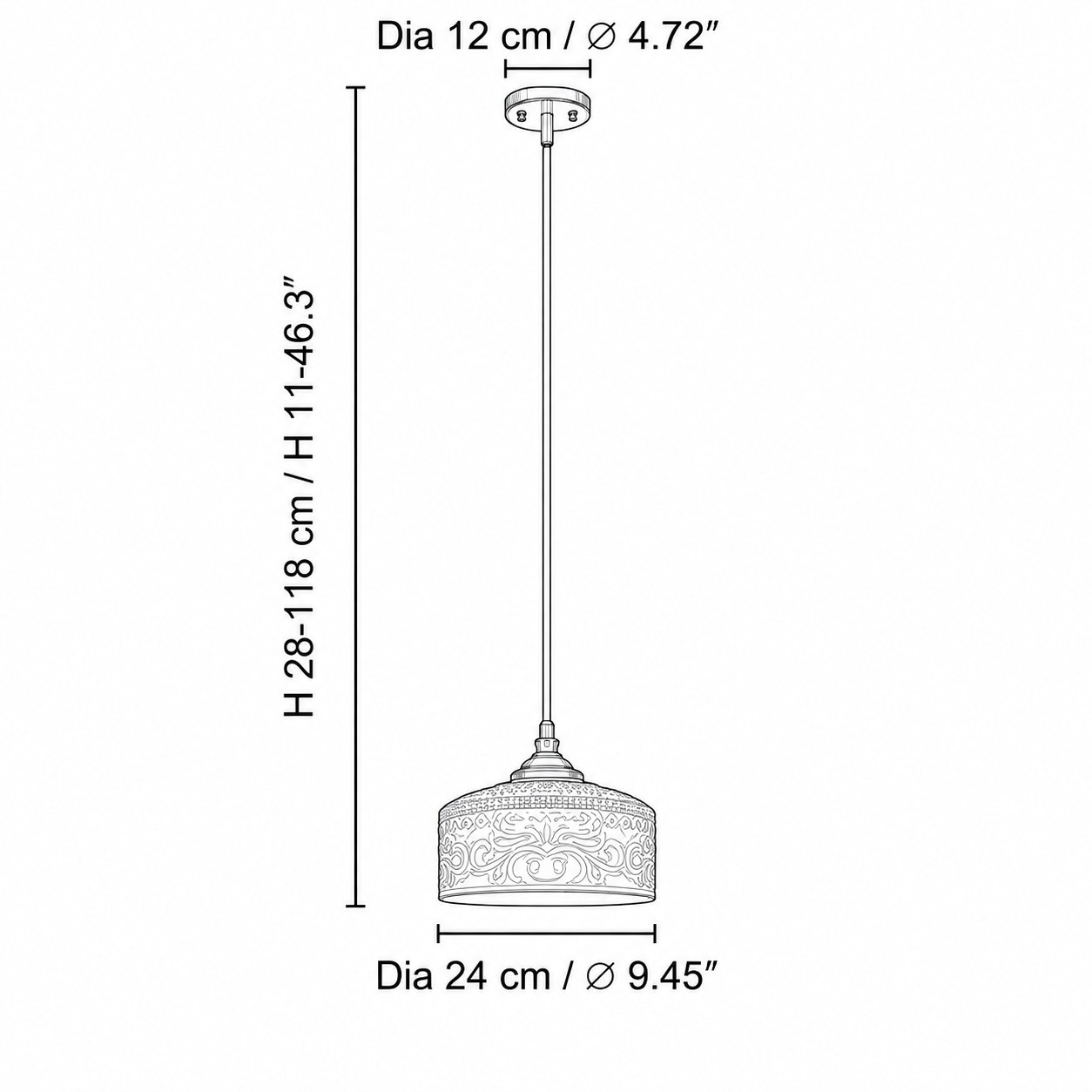 Diagramme des dimensions taille B avec abat-jour de 24 cm et hauteur hors tout réglable