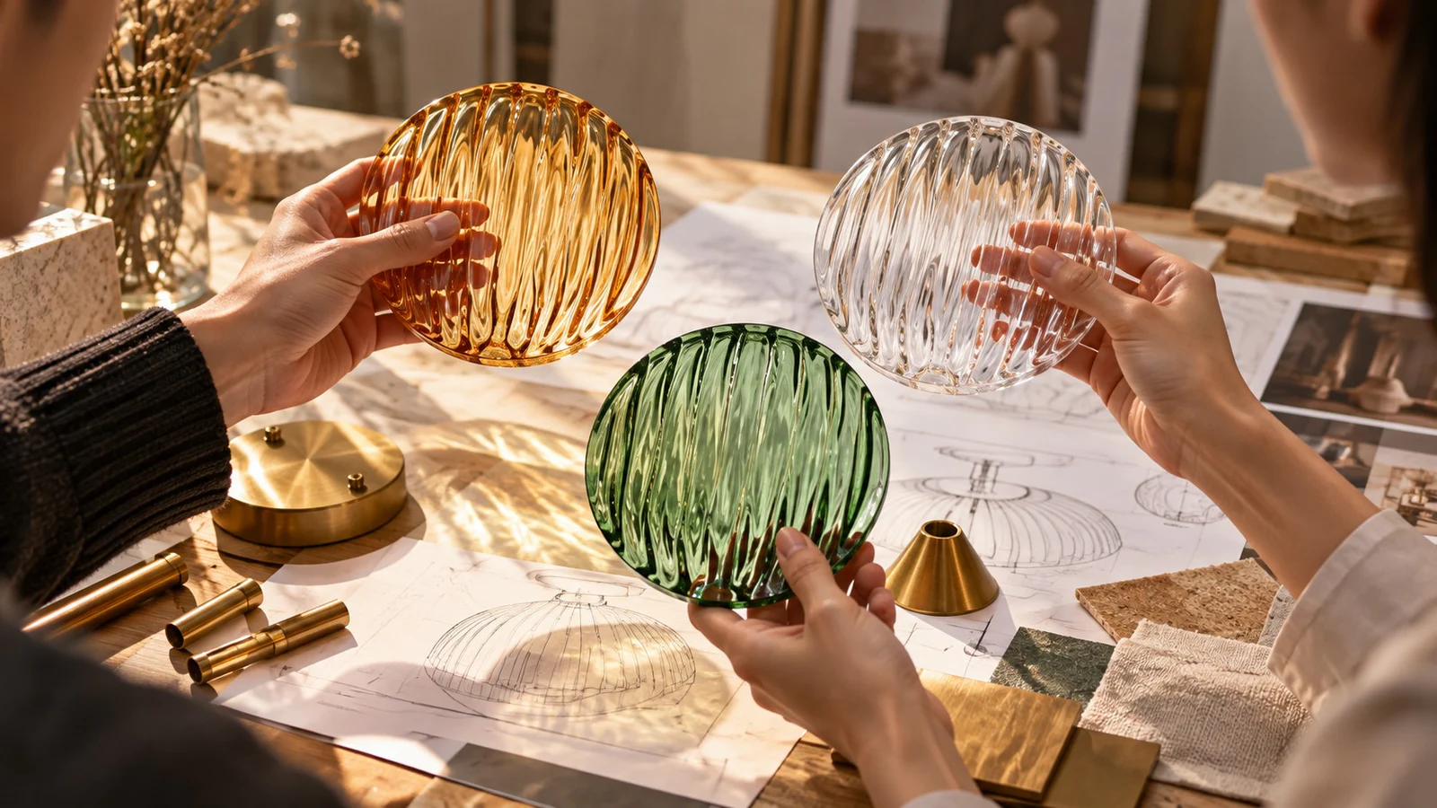 Échantillons de verre strié clair ambré et vert avec composants en laiton brossé