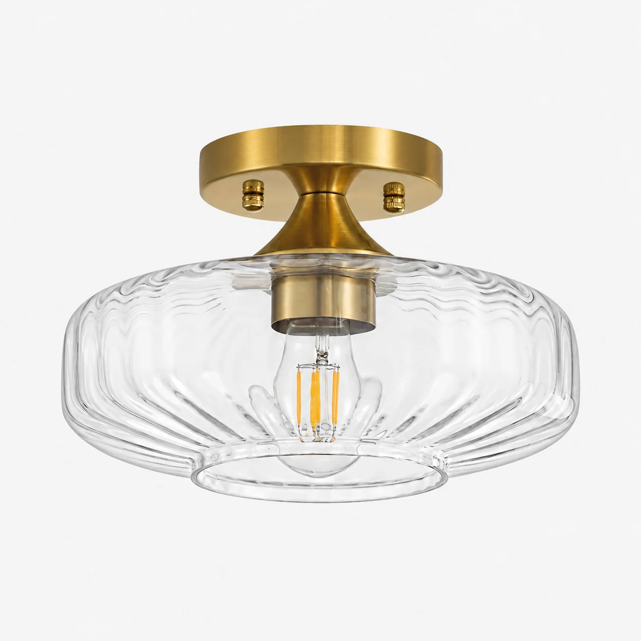 Plafonnier semi-encastré en verre nervuré transparent avec auvent en laiton brossé