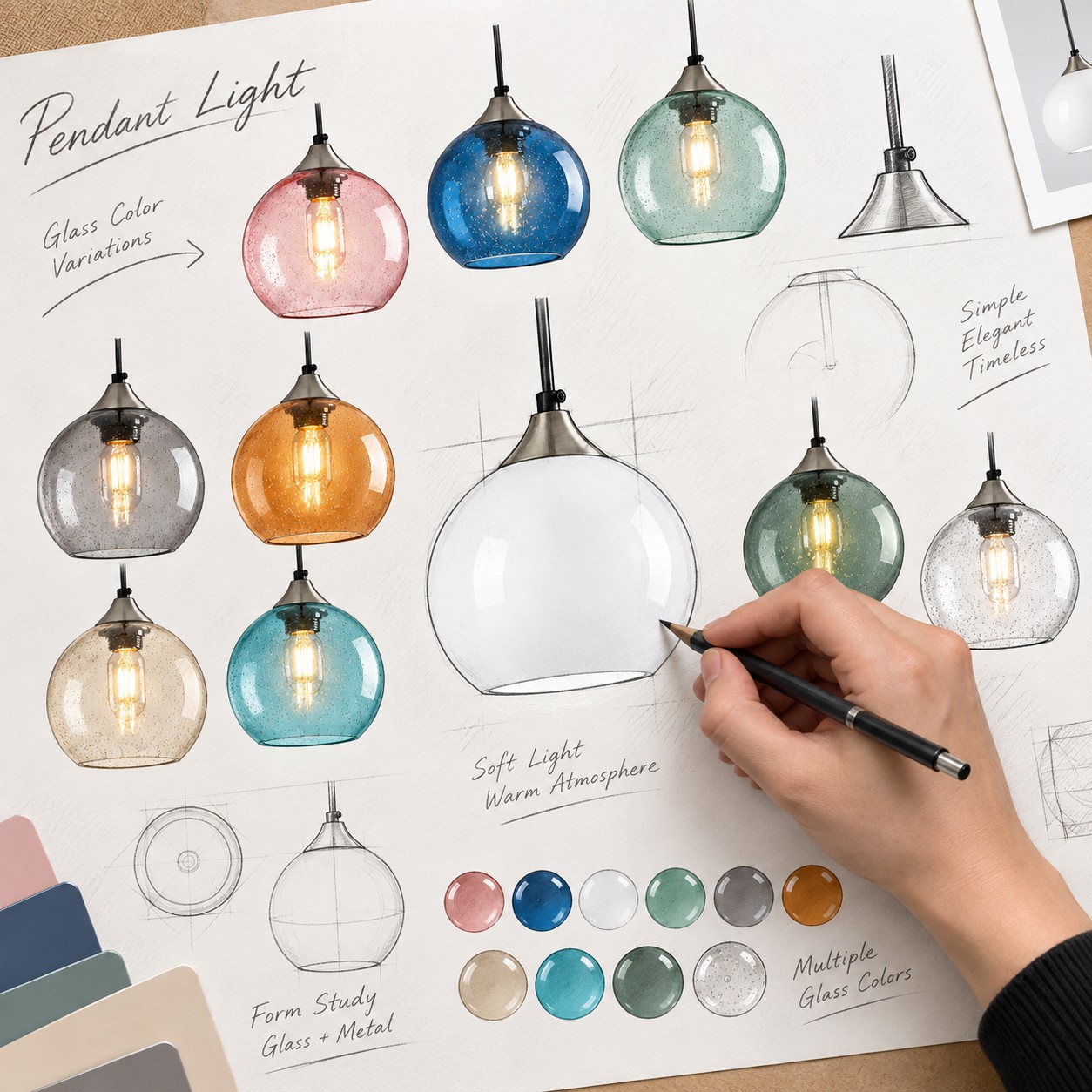 Designtafel mit Farb- und Größenoptionen für den Kugelanhänger