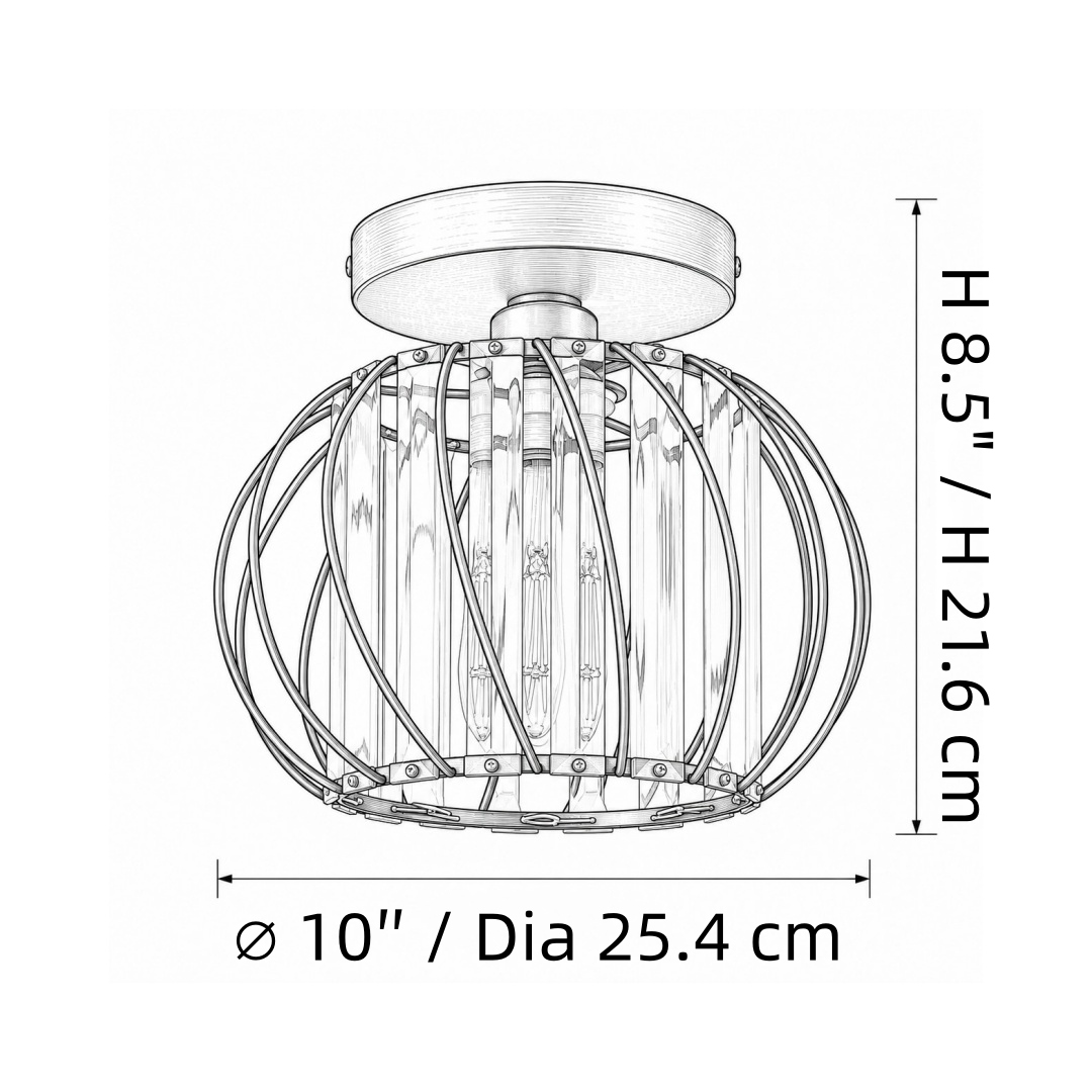 Abmessungen der geometrischen Käfig-Deckenleuchte: 25,4 cm Durchmesser und 38,8 cm Höhe