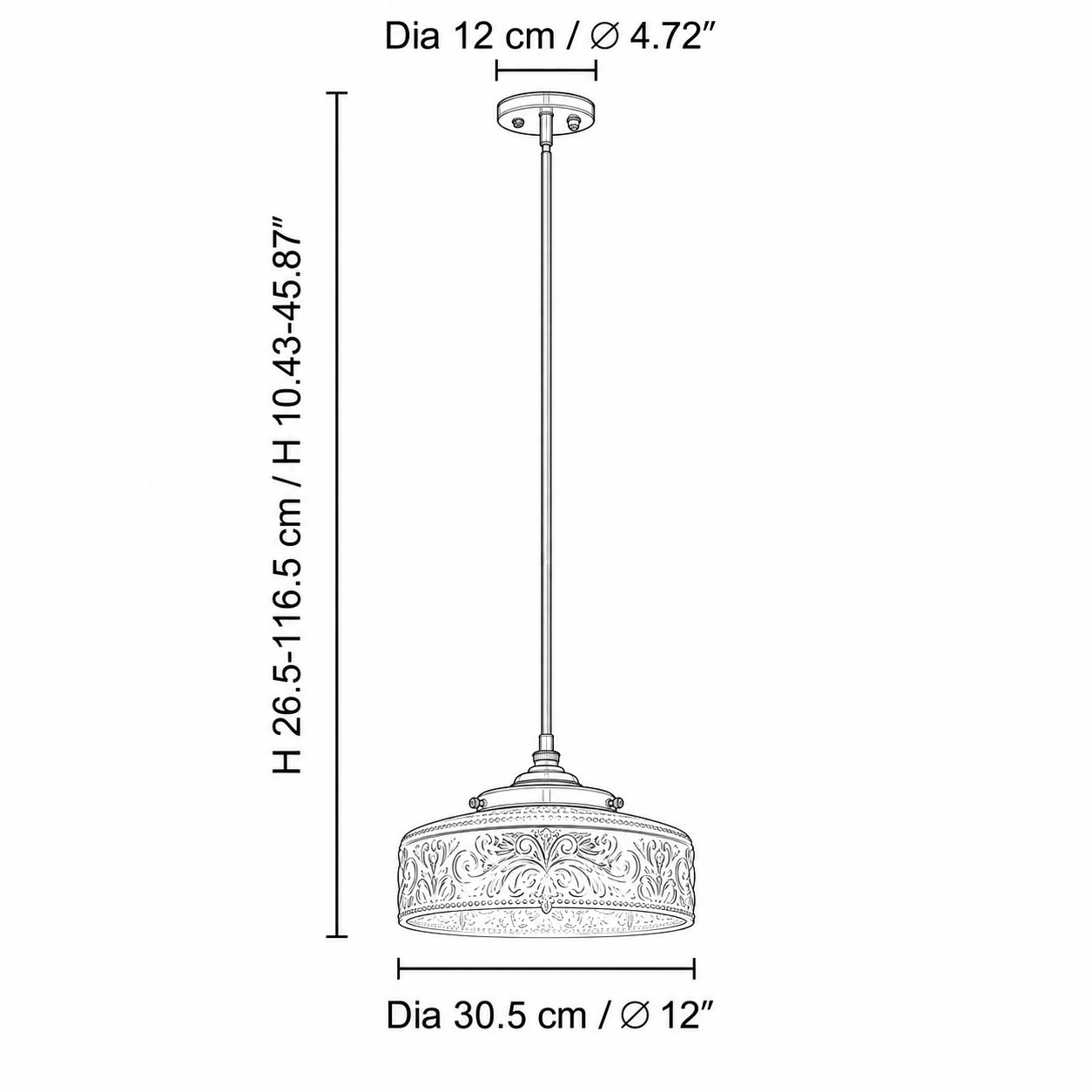 Taille A diagramme dimensionnel avec abat-jour de 30,5 cm et hauteur hors tout réglable