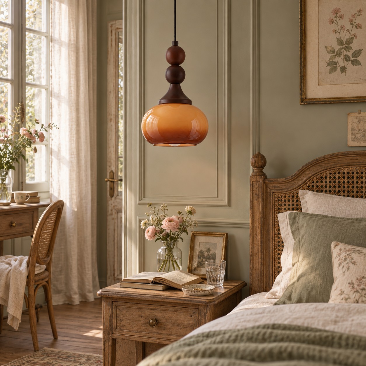 Colgante de cristal marrón junto a la cama de un dormitorio