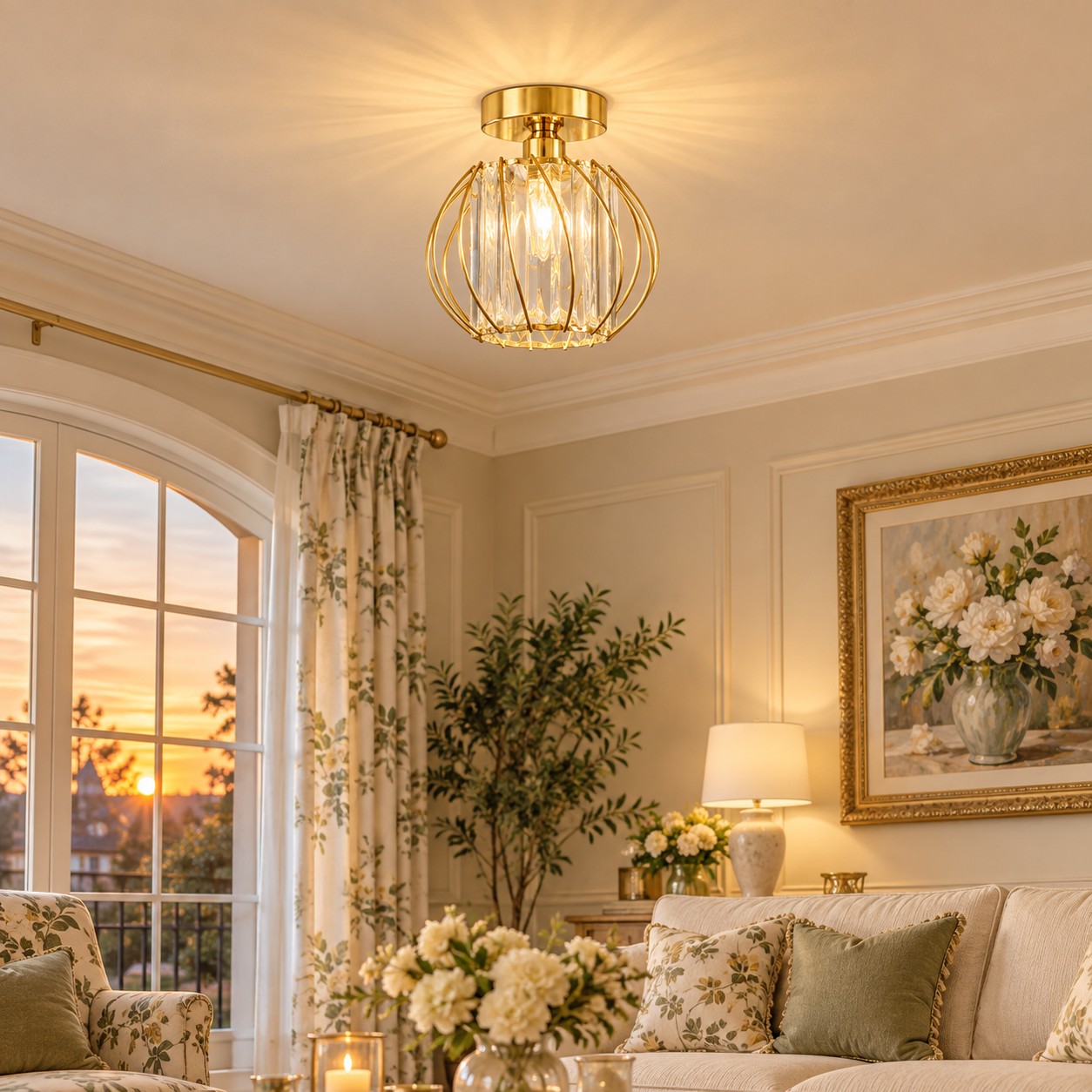 Kristallkäfig-Deckenleuchte im Wohnzimmer