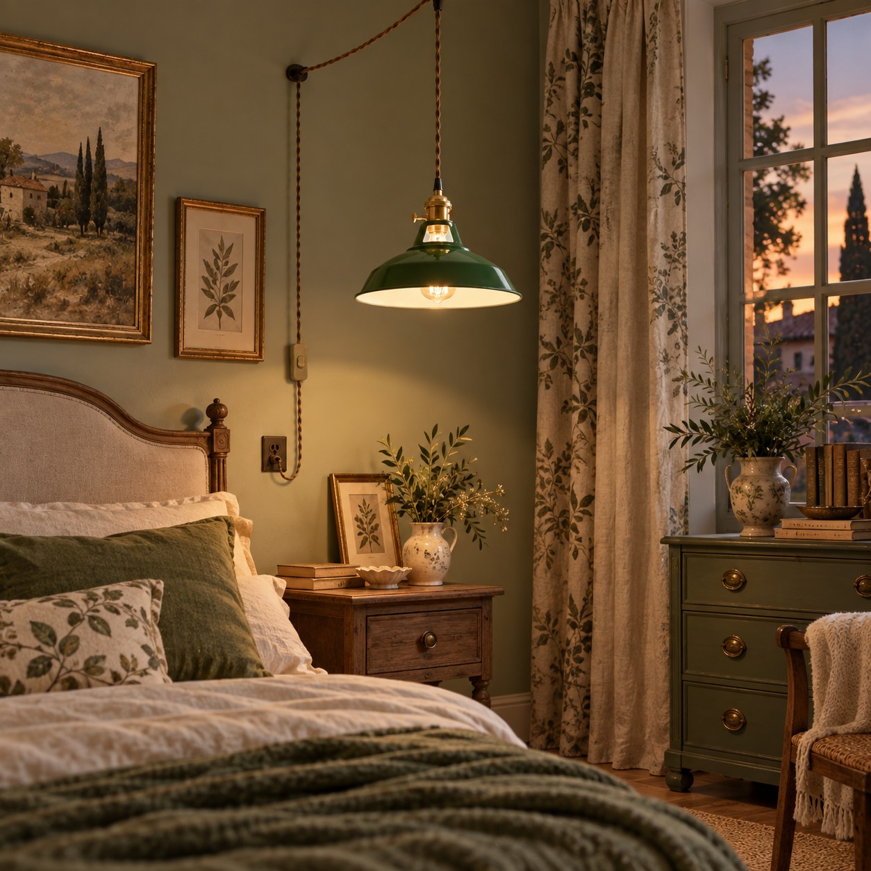 Lampadario a sospensione in metallo verde in una camera da letto botanica