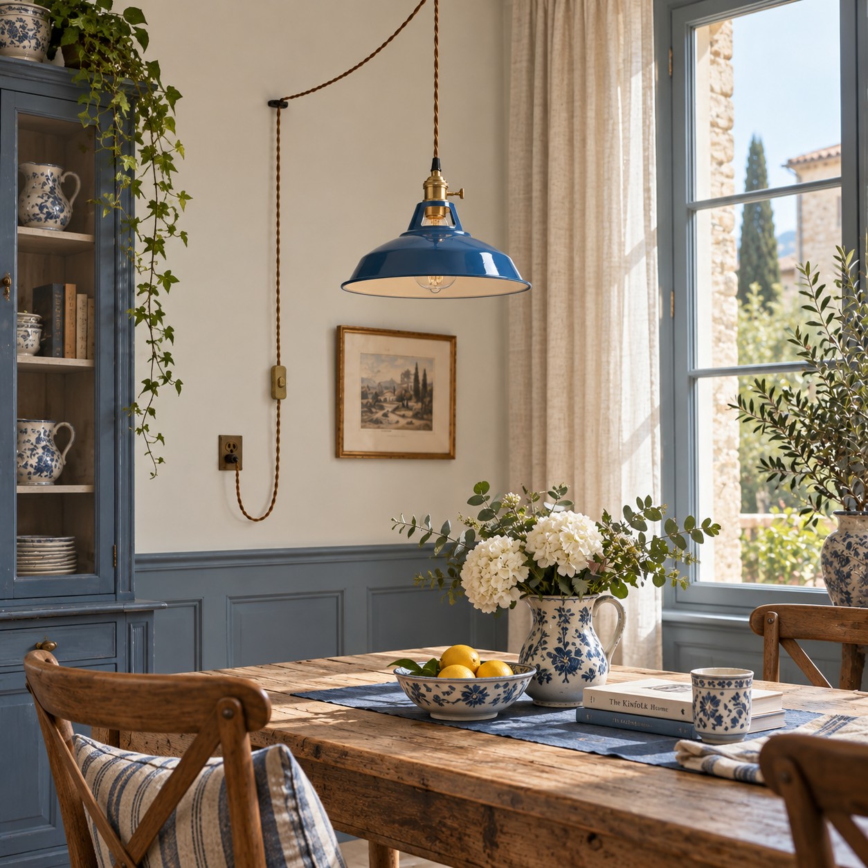 Lampada a sospensione plug-in in metallo blu scuro in una sala colazione costiera