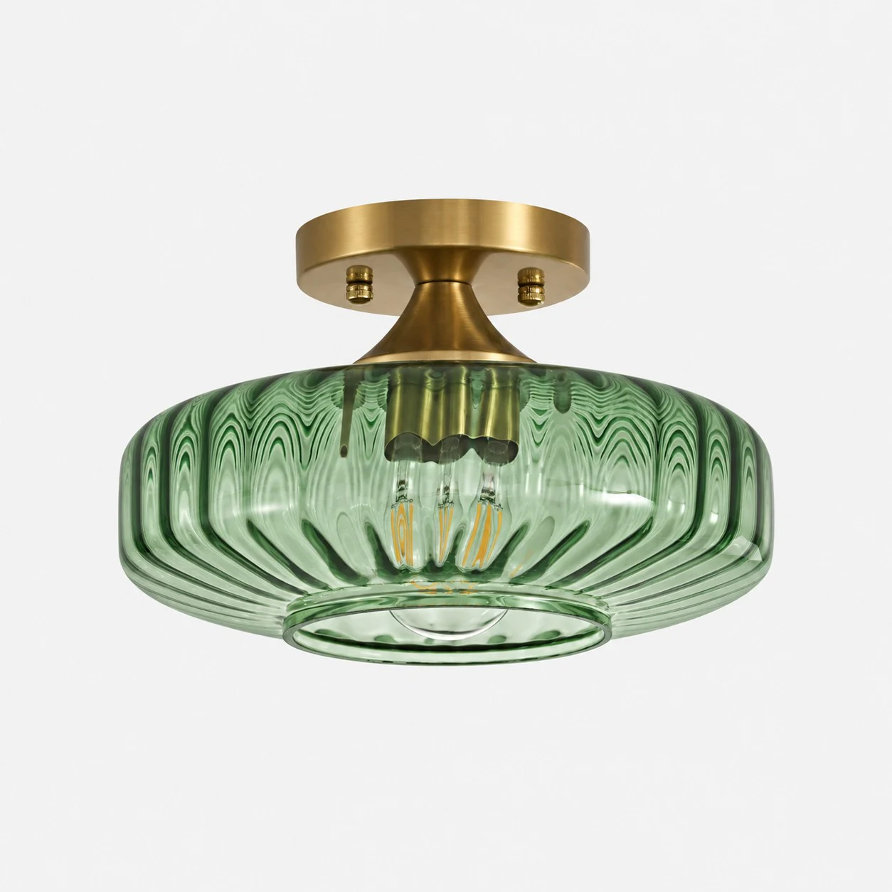 Plafonnier semi-encastré en verre nervuré vert avec rosette en laiton brossé