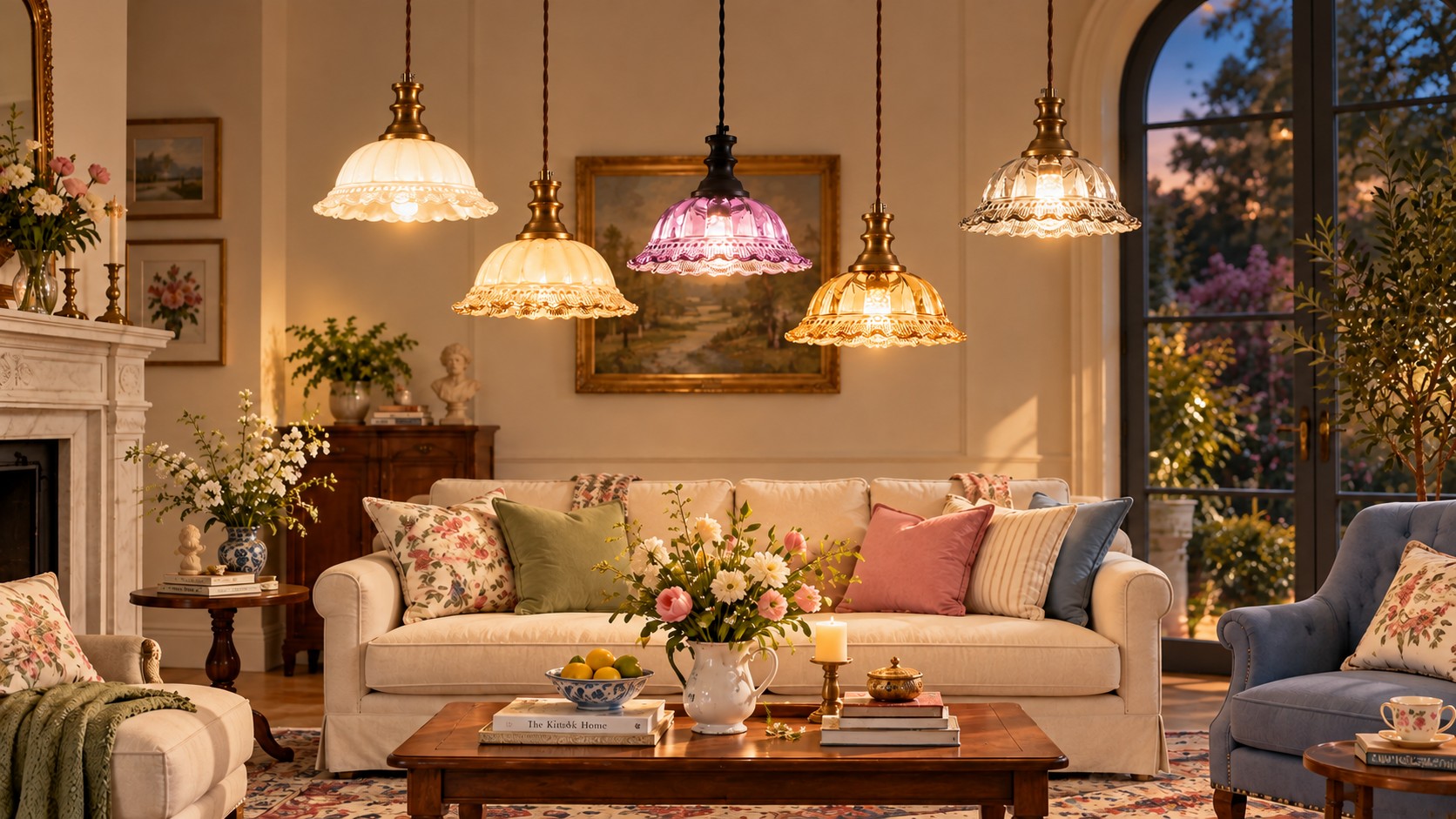 Pendentifs en verre cannelé brillant dans un salon le soir