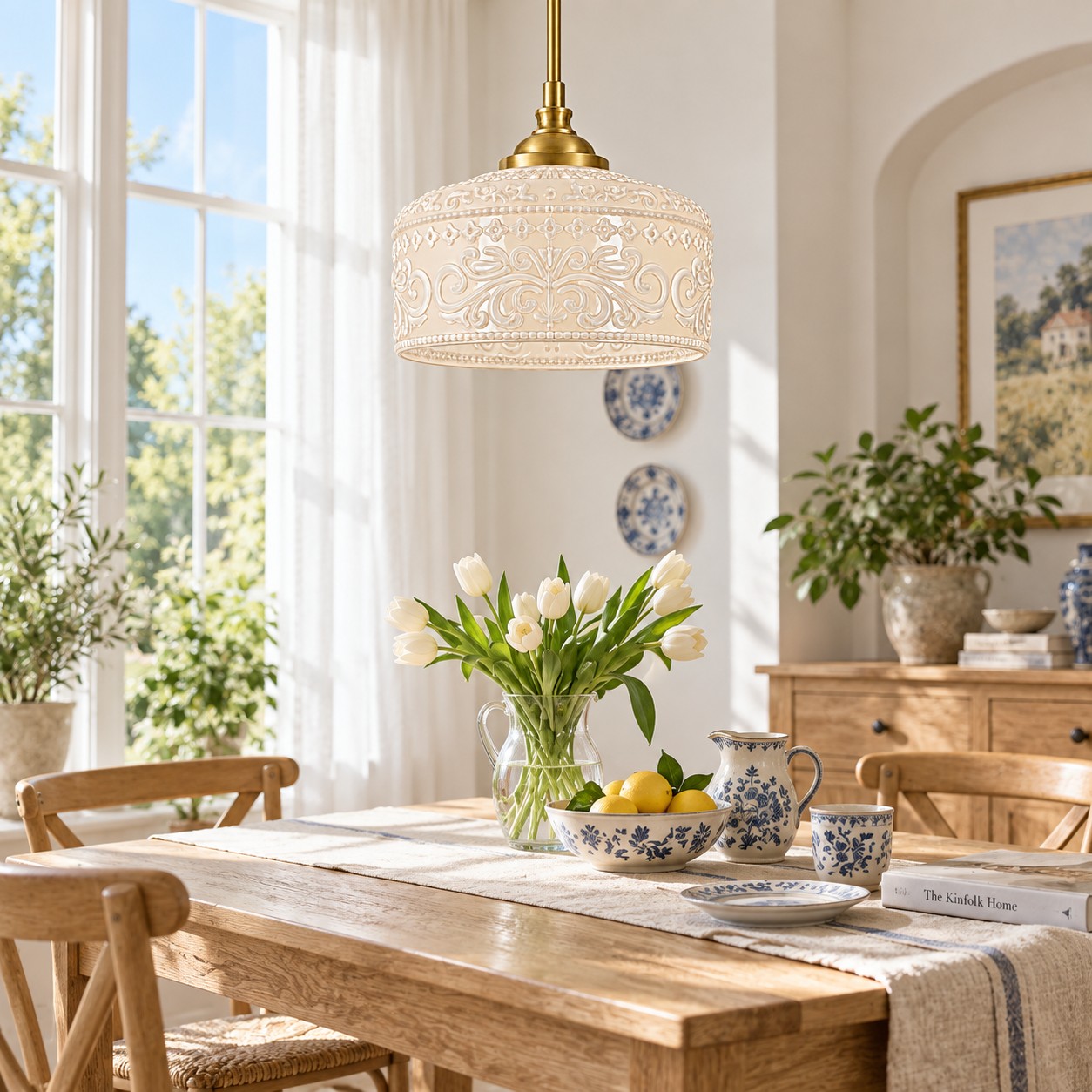 Suspension en verre à motifs blancs au-dessus d'une table à manger en bois ensoleillée