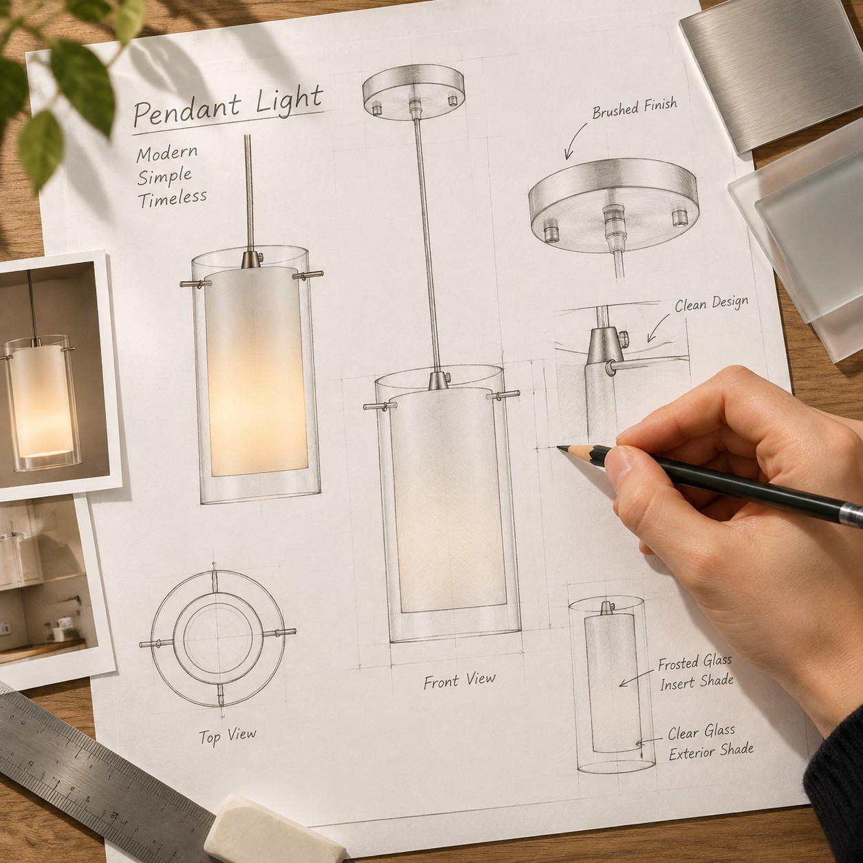 Designstudie für Pendelleuchten mit Skizzen zu gebürsteter Oberfläche und Anmerkungen zum Glasschirm
