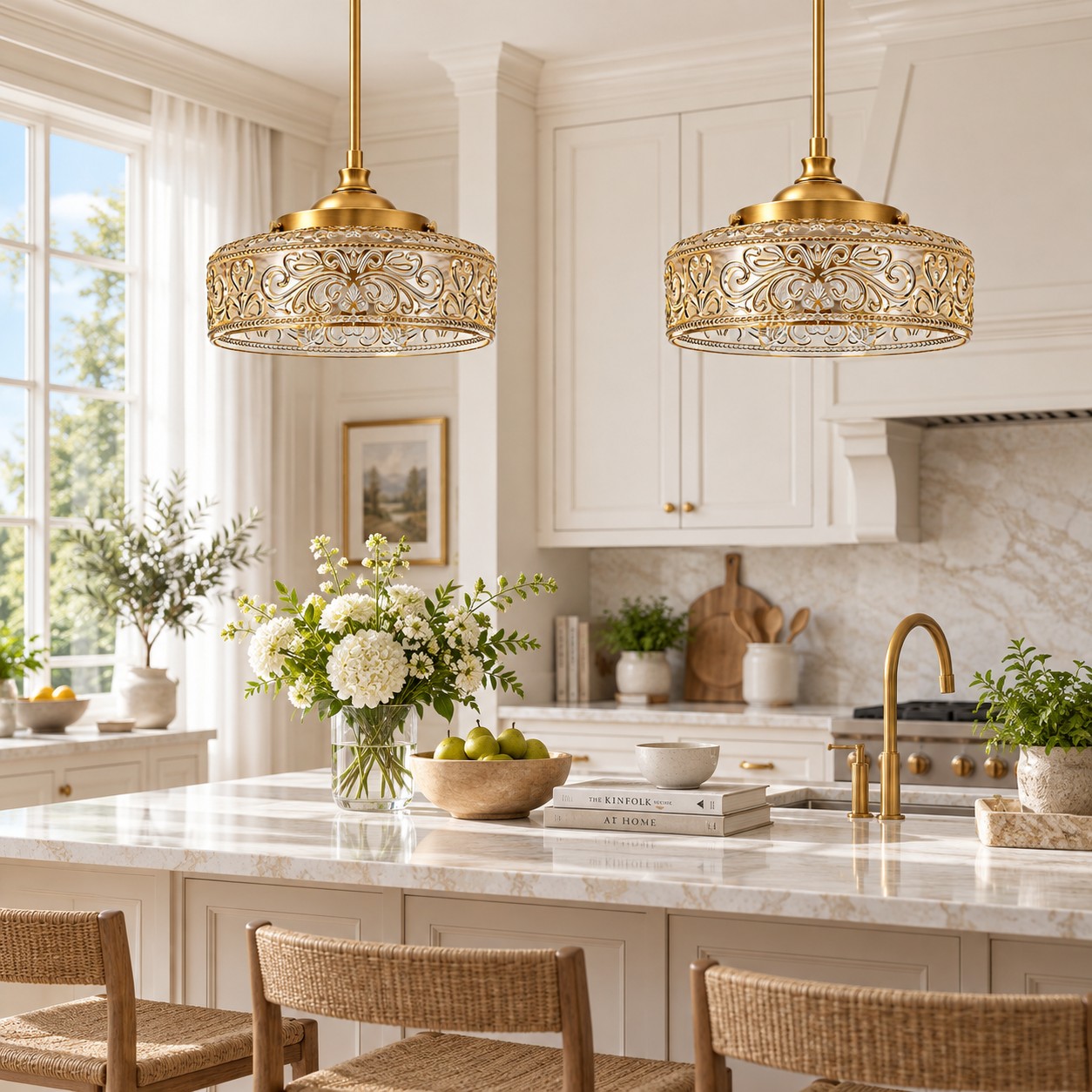 Deux luminaires suspendus en verre à motifs en laiton antique au-dessus d'un îlot de cuisine
