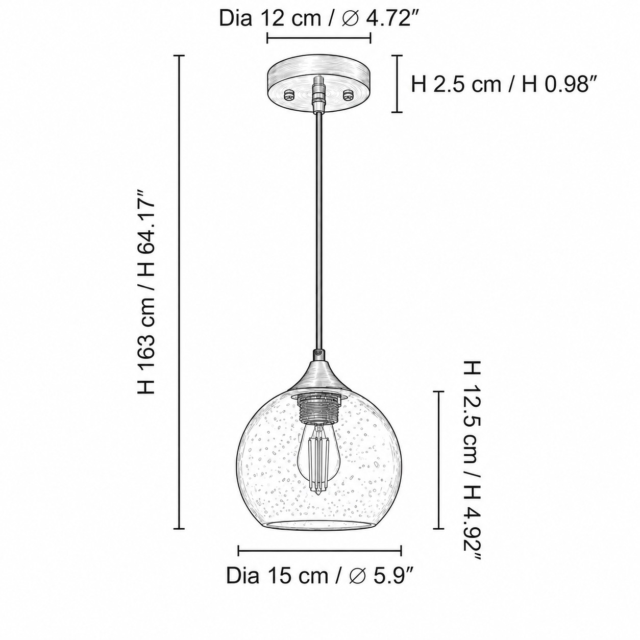 Abmessungen des kleinen Globusanhängers: Schirmdurchmesser 5,9 Zoll und Höhe 4,92 Zoll (15 cm und 12,5 cm)