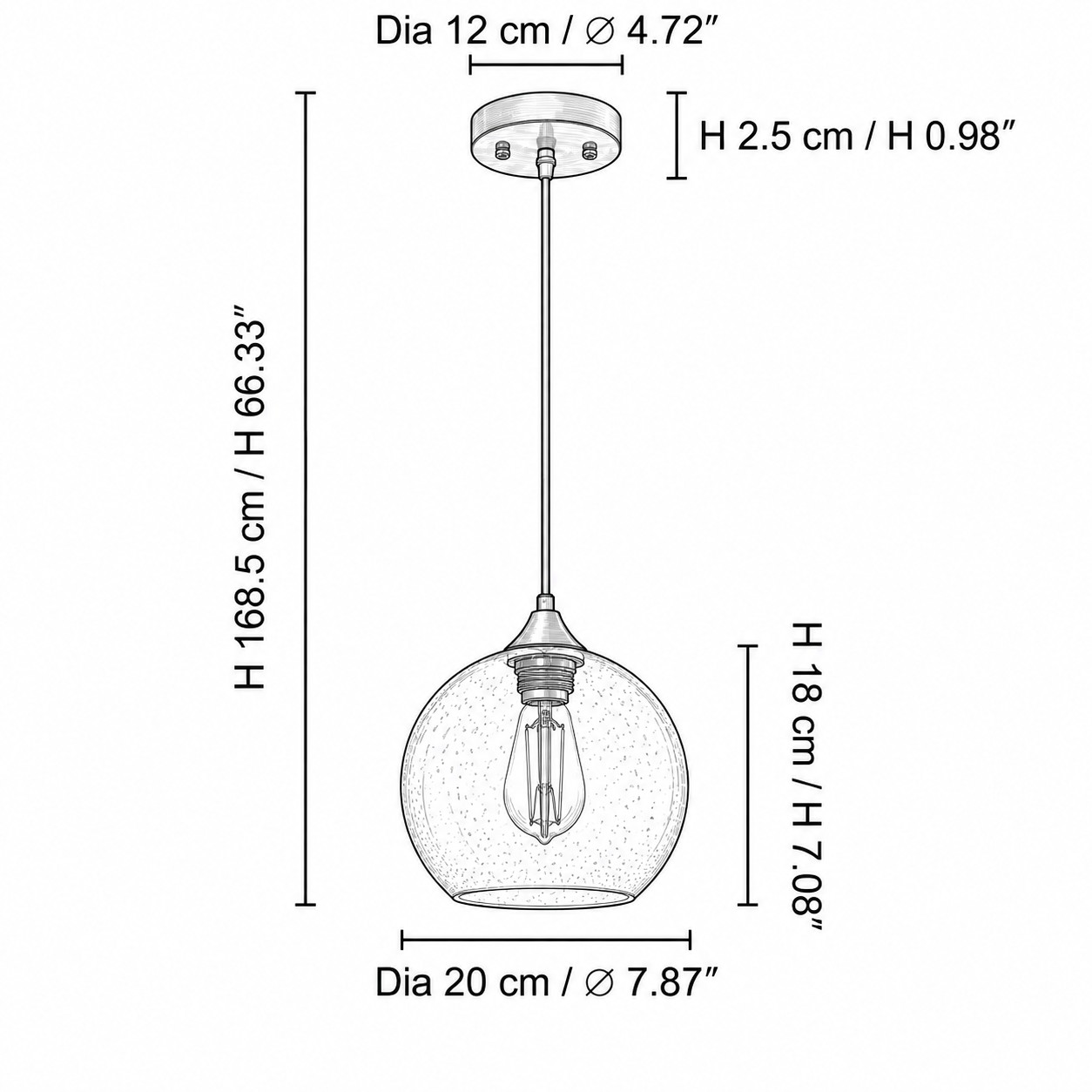 Abmessungen des mittelgroßen Kugelanhängers: Schirmdurchmesser 7,87 Zoll und Höhe 7,08 Zoll (20 cm und 18 cm)