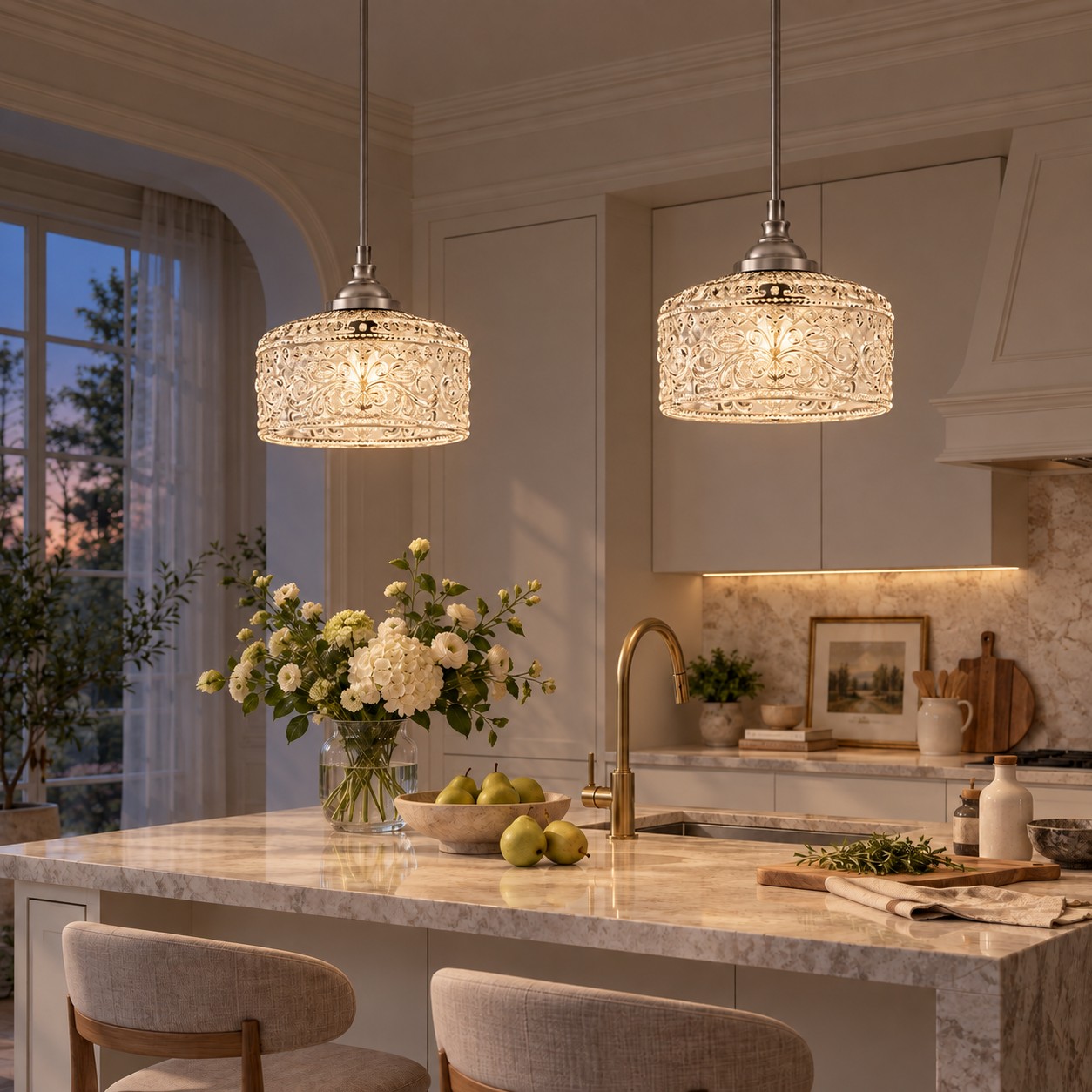 Deux luminaires suspendus en verre à motifs chromés brillant au-dessus d'un îlot de cuisine au crépuscule