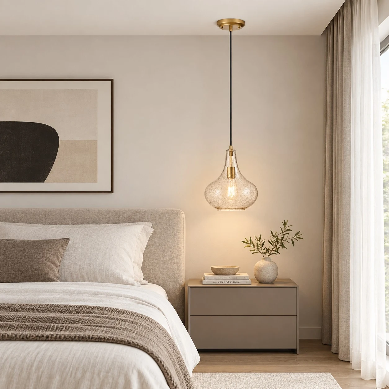 Glaspendelleuchte im Schlafzimmer