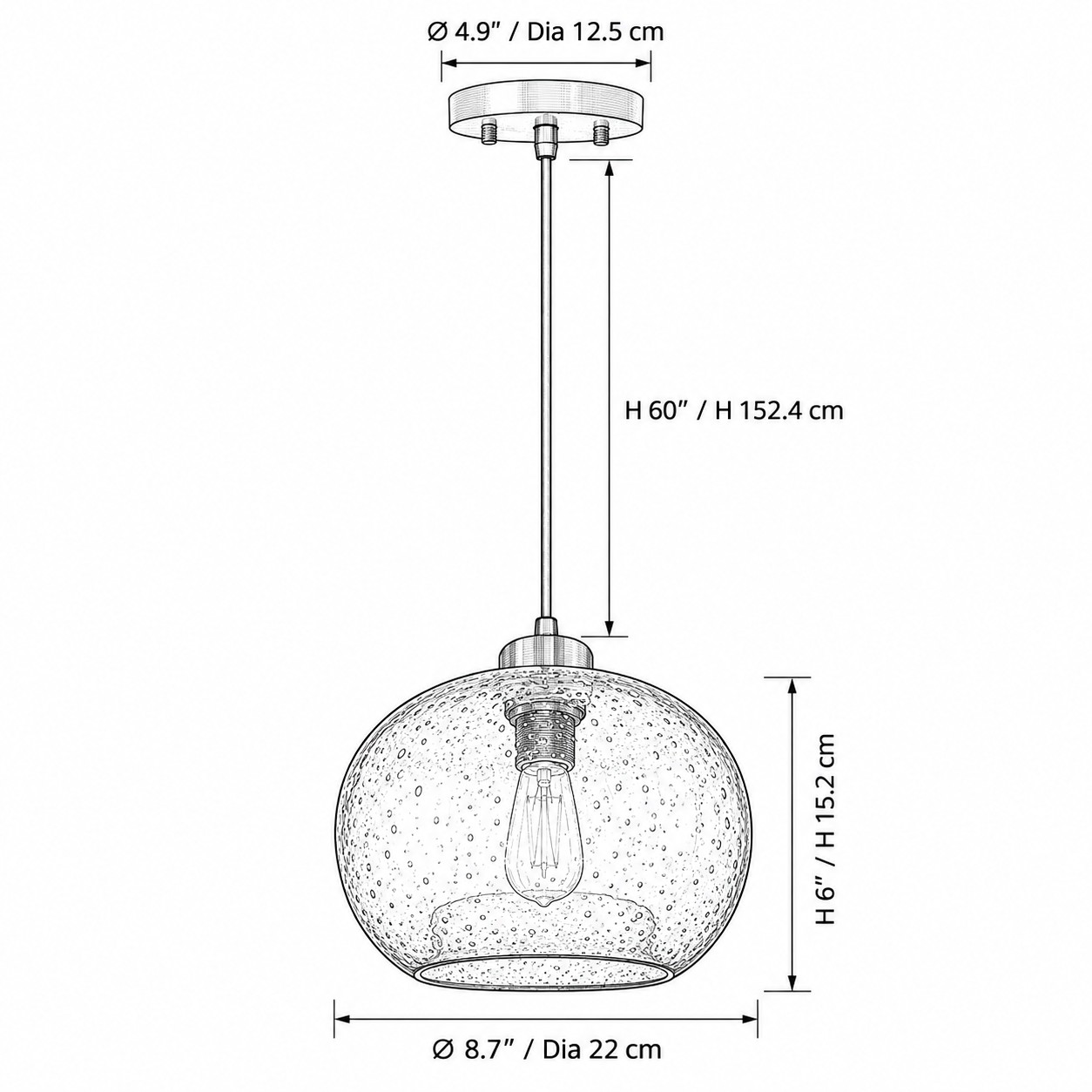 Abmessungen der Pendelleuchte: Baldachindurchmesser 12,5 cm, Aufhängung 152,4 cm, Kugeldurchmesser 22 cm und Höhe 15,2 cm" loading="lazy