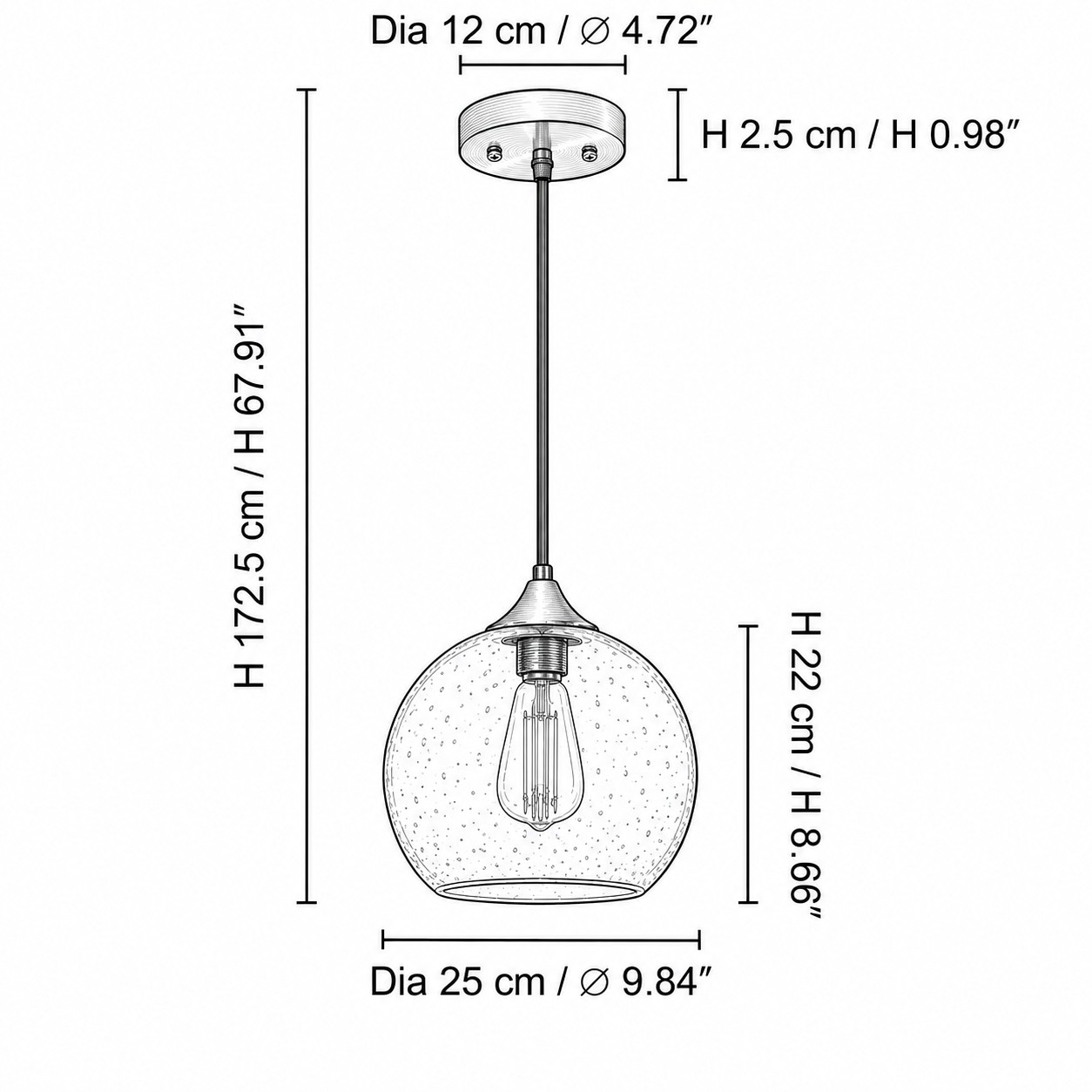 Abmessungen des großen Globusanhängers: Schirmdurchmesser 9,84 Zoll und Höhe 8,66 Zoll (25 cm und 22 cm)