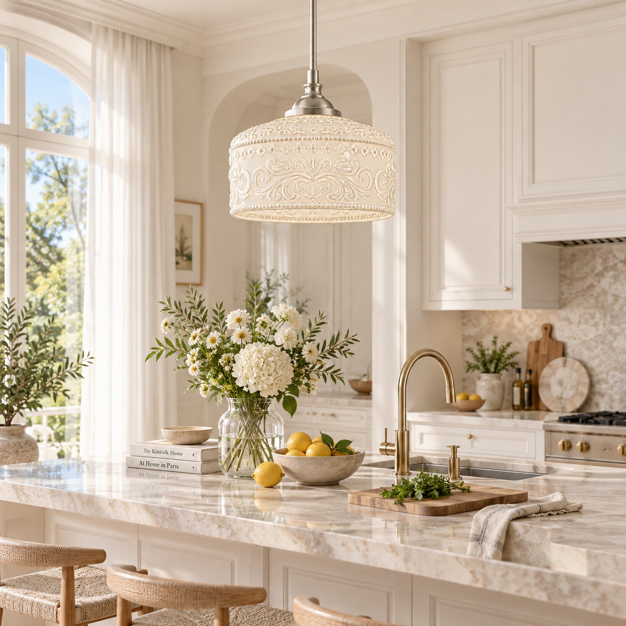 Suspension unique en verre à motifs blancs au-dessus d'un îlot de marbre