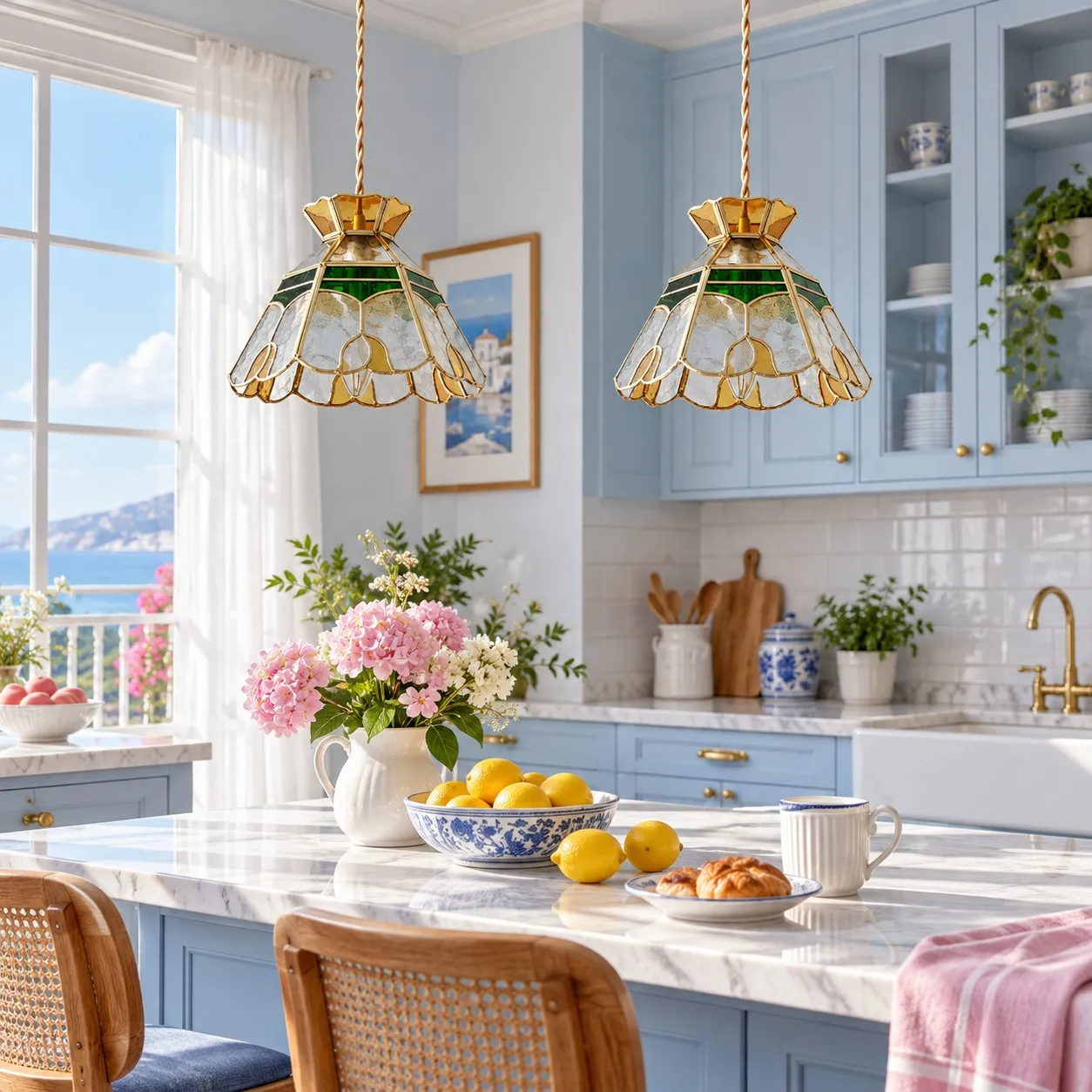 Lámpara colgante de cristal con diseño floral rosa en un ambiente interior.