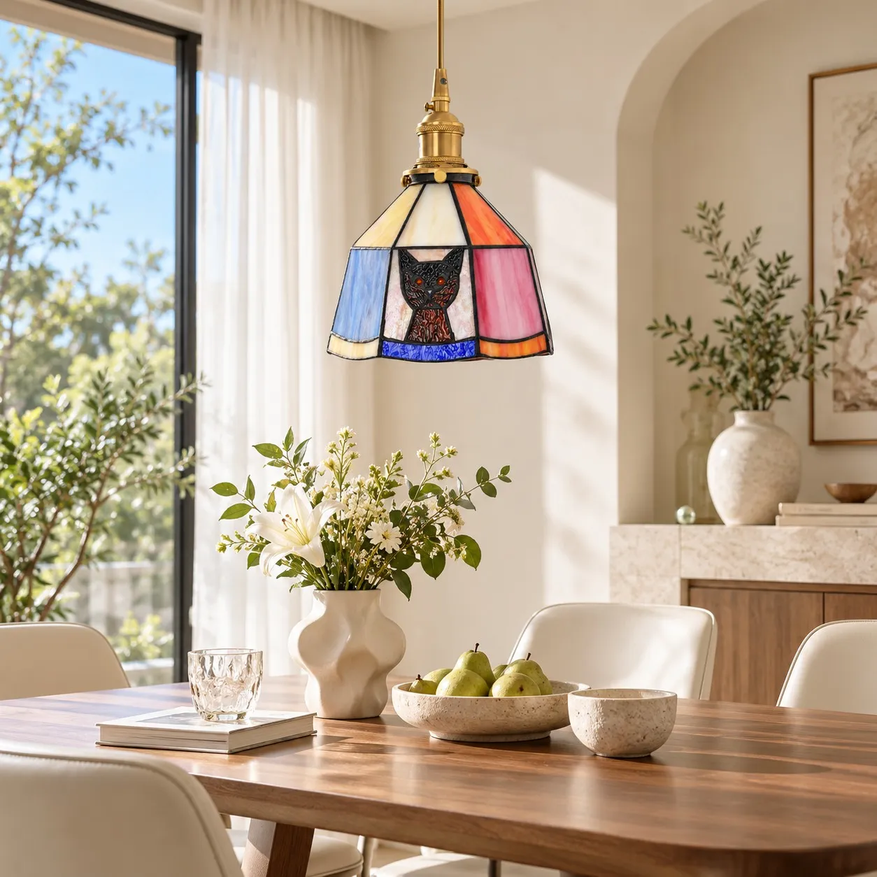 Tiffany Cat Stained Glass Pendant Lamp in an interior setting
