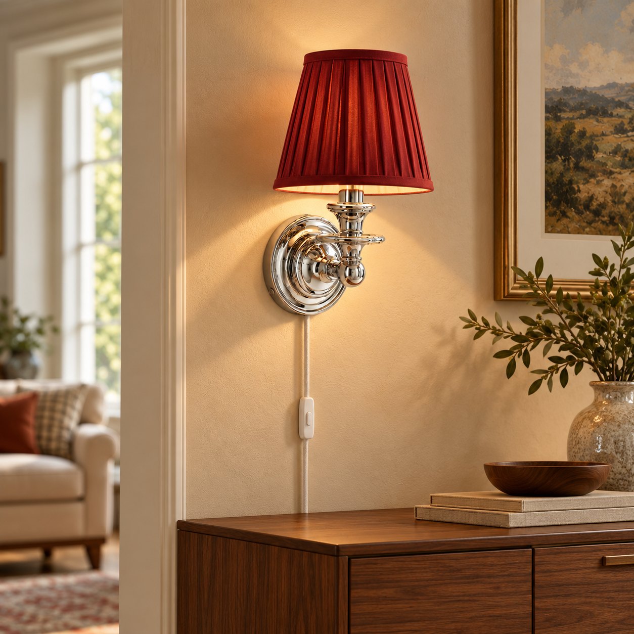 Red pleated shade sconce in a living room