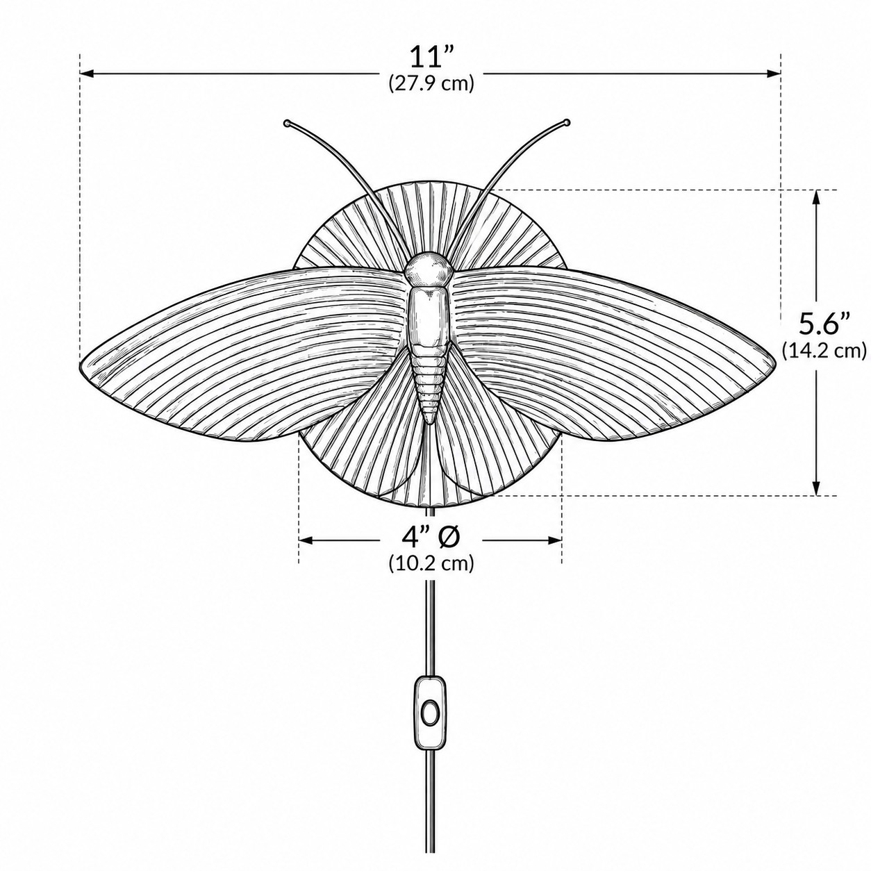 Dimension diagram: 11 inches wide, 5.6 inches high, 4 inch canopy