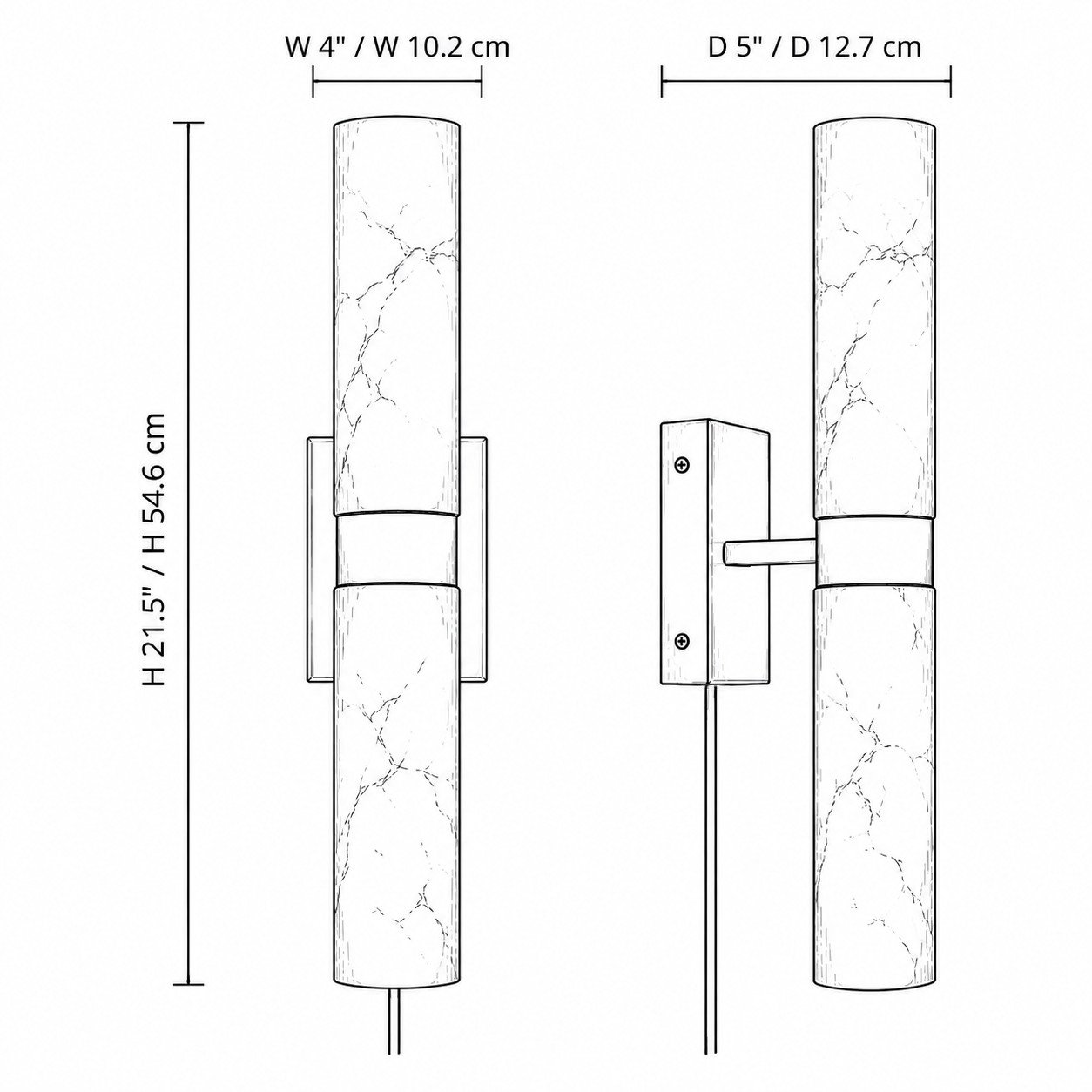 Size drawing: the sconce is 4 inches wide, 5 inches deep, and 21.5 inches high