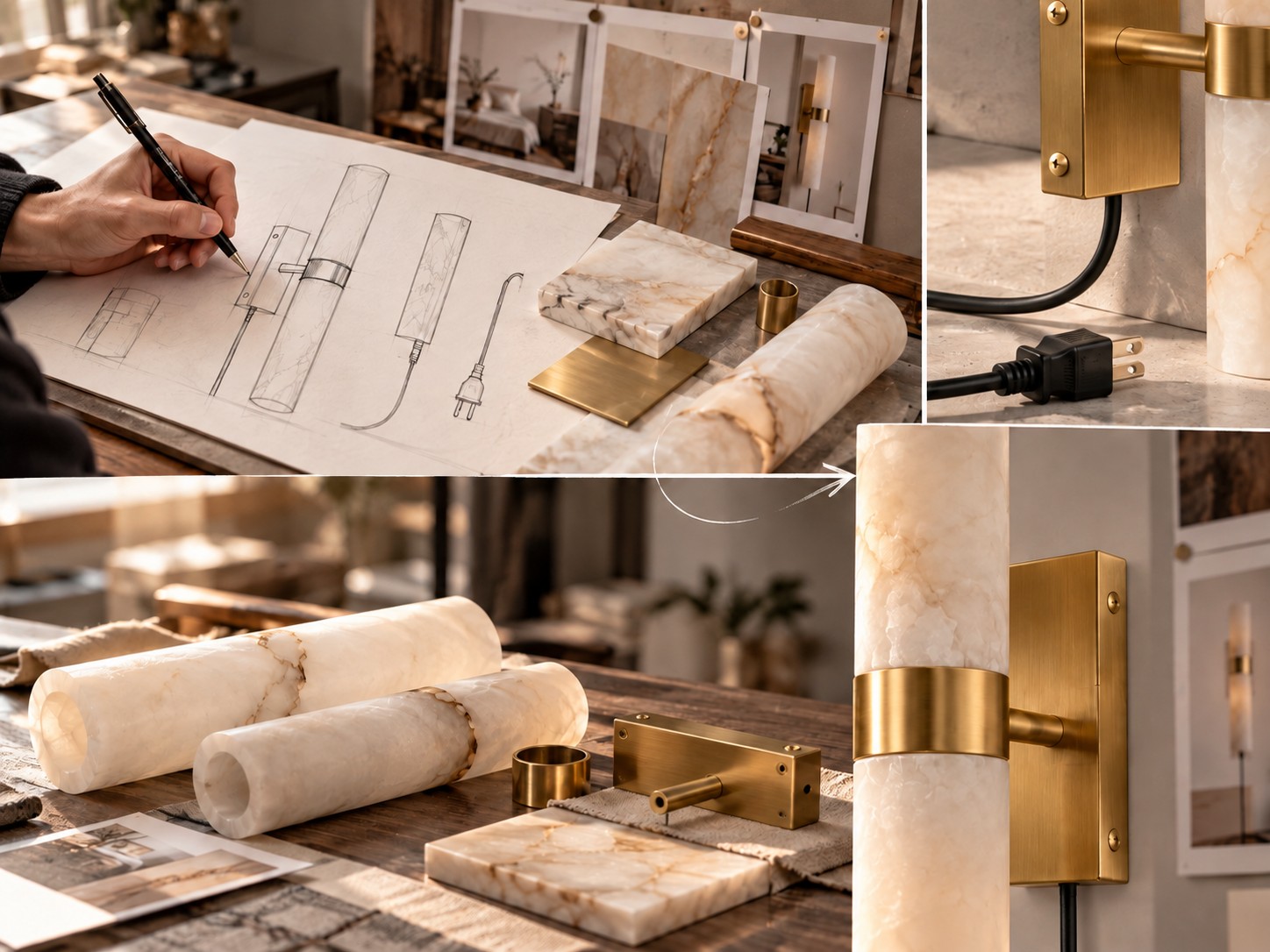 Design sheet pairing the double-tube sconce with alabaster, brass hardware, and a household plug