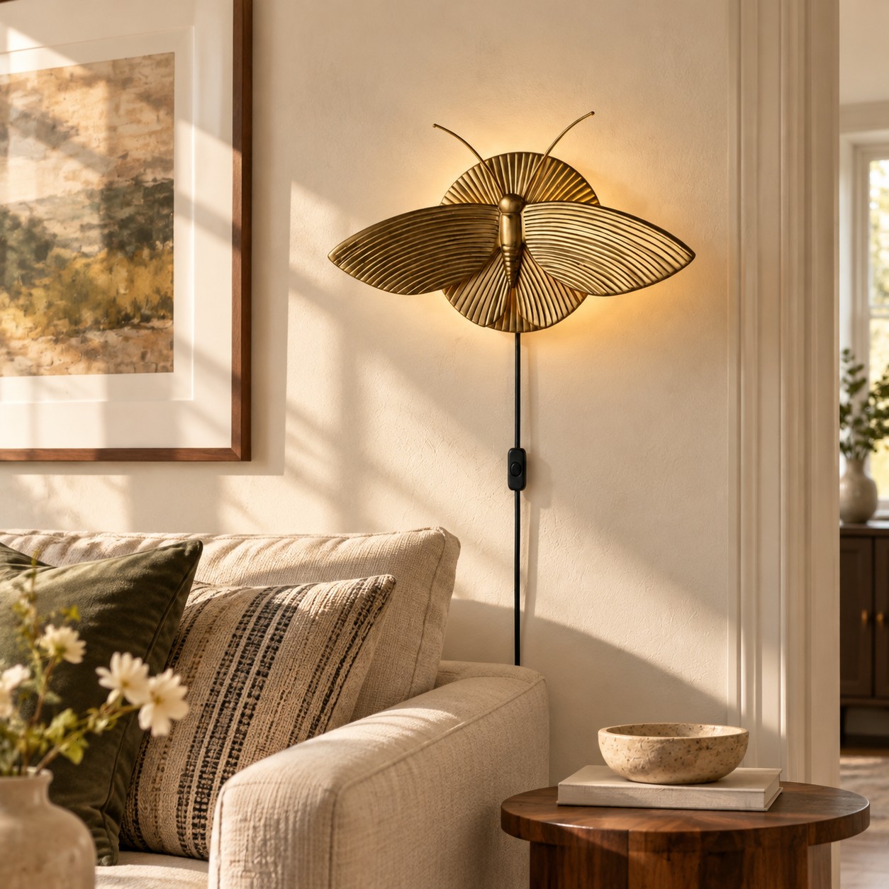 Gold moth wall sconce above a sofa in daylight