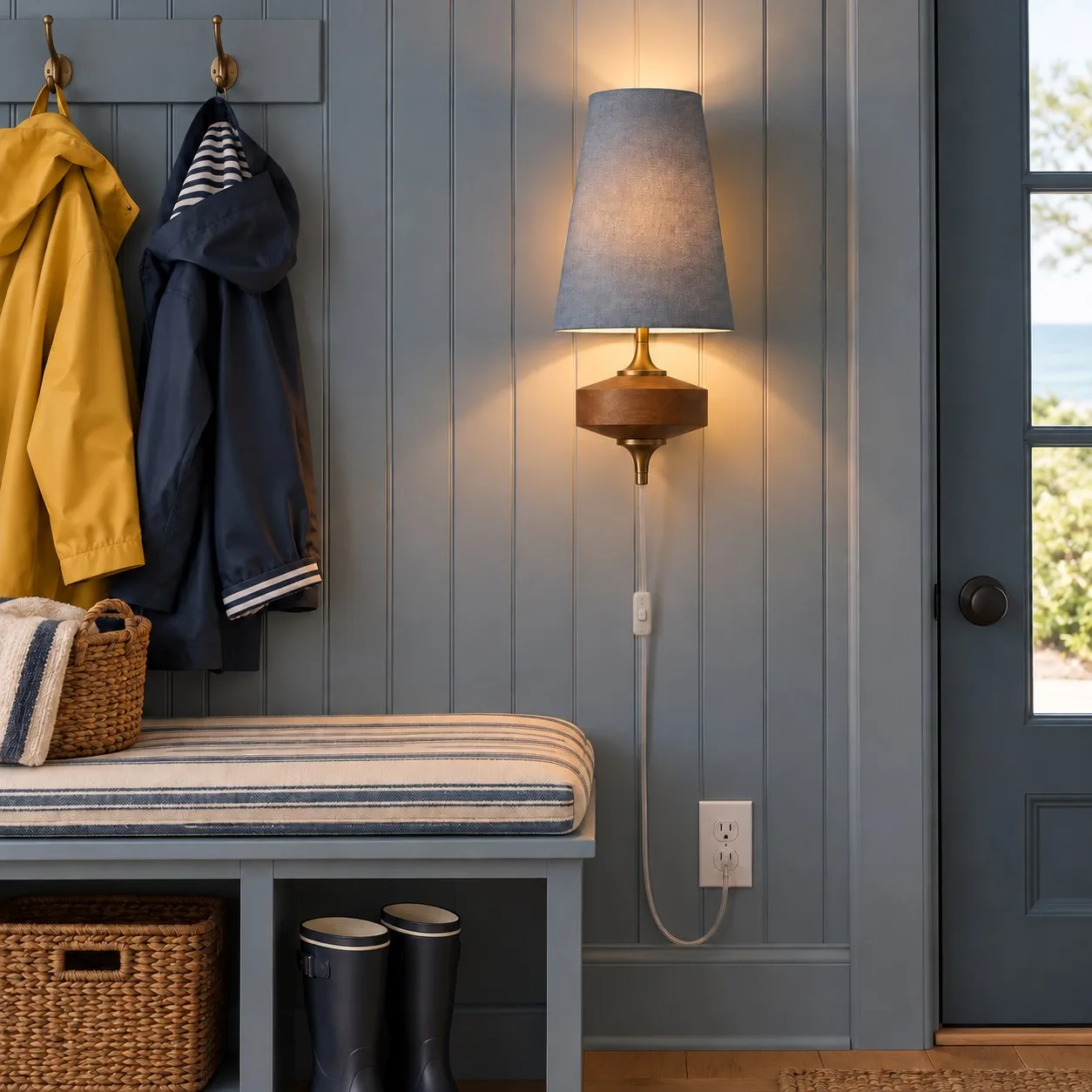 Dusty blue Hour Rho sconce in a mudroom
