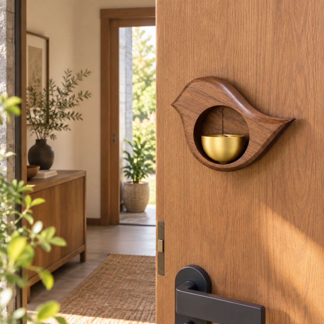 Campanello da porta a forma di uccello su una porta d’ingresso in legno