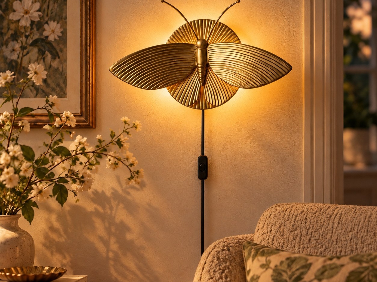 The same gold moth wall sconce glowing warmly after dusk