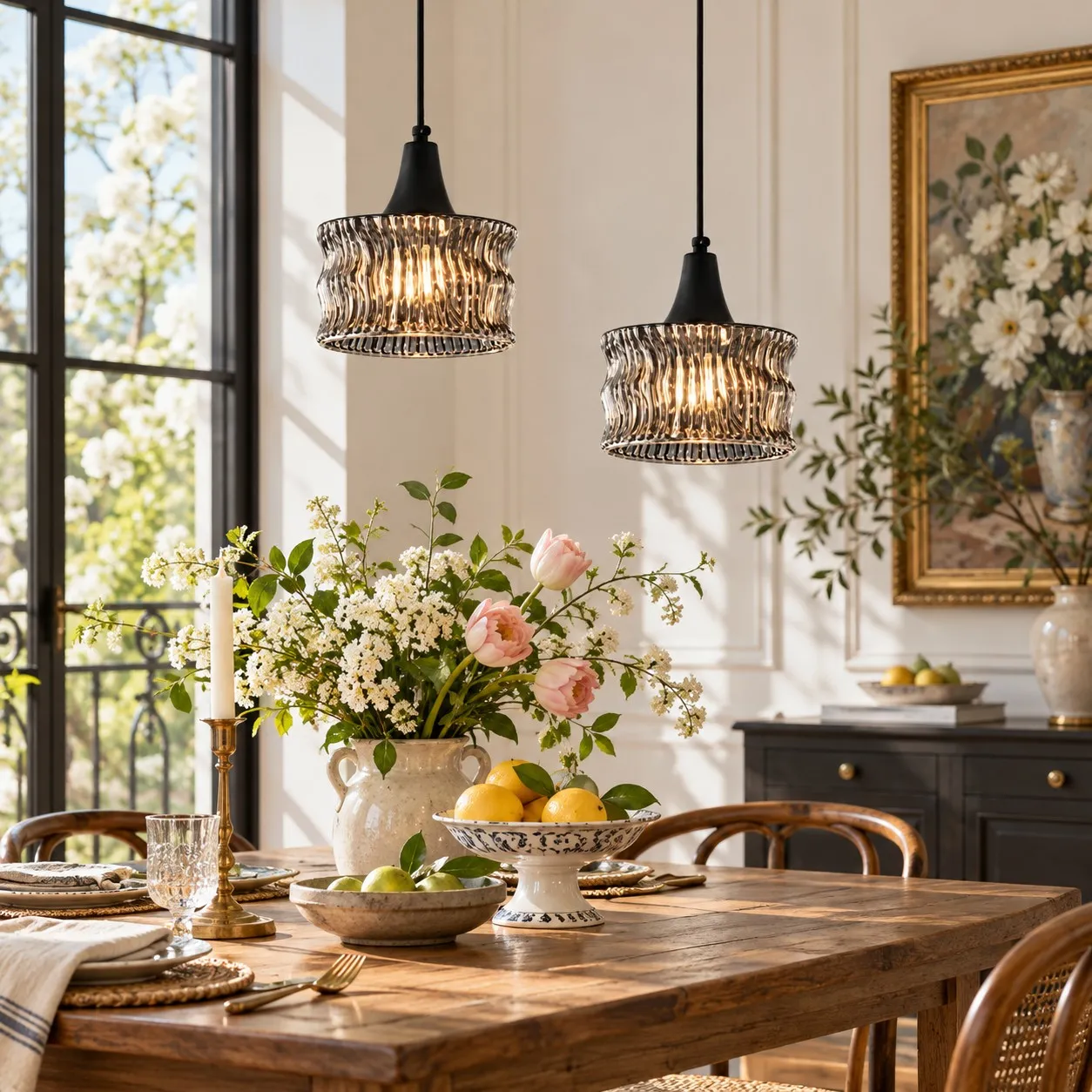Lámpara colgante de latón y cristal estilo Wabi-Sabi en un ambiente interior.
