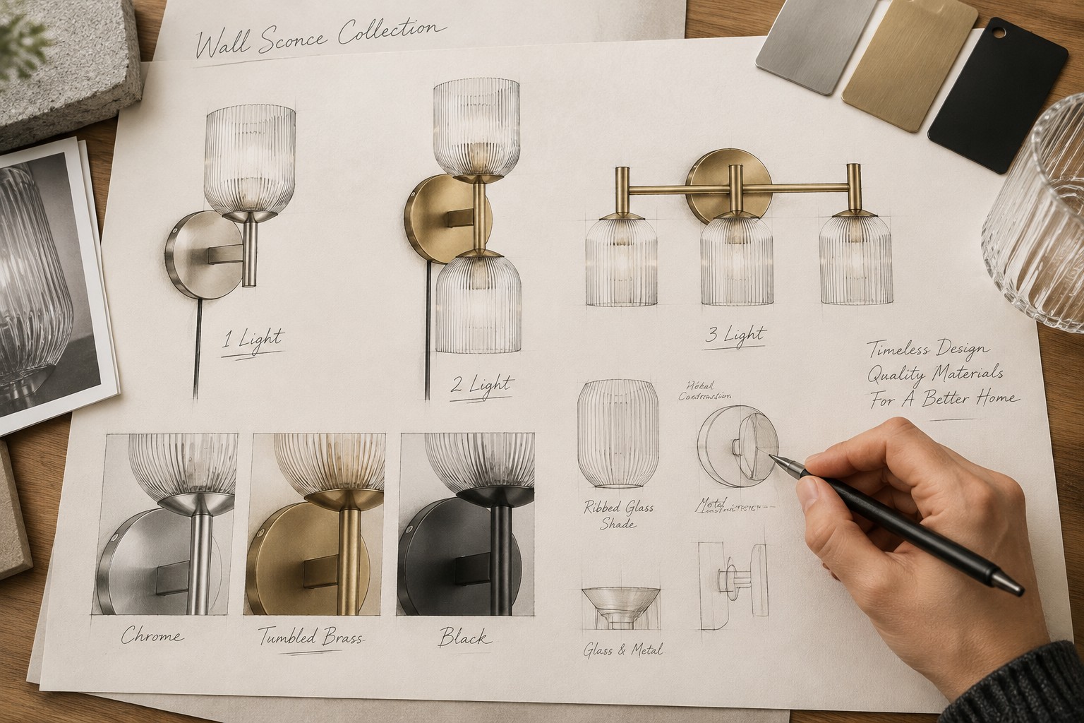 Design study of the ribbed glass shade, metal finish and round wall plate