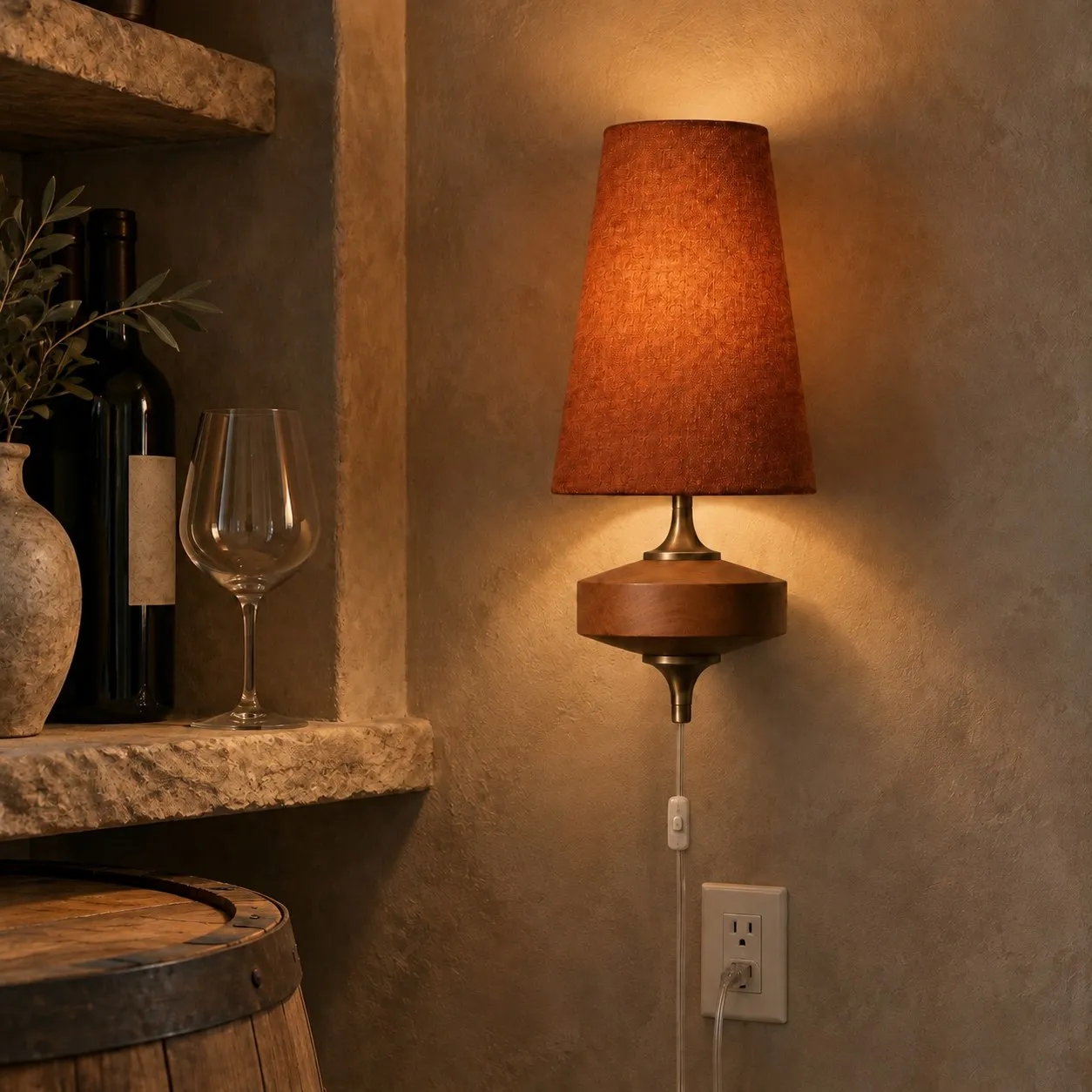 Red Hour Rho sconce in a wine niche