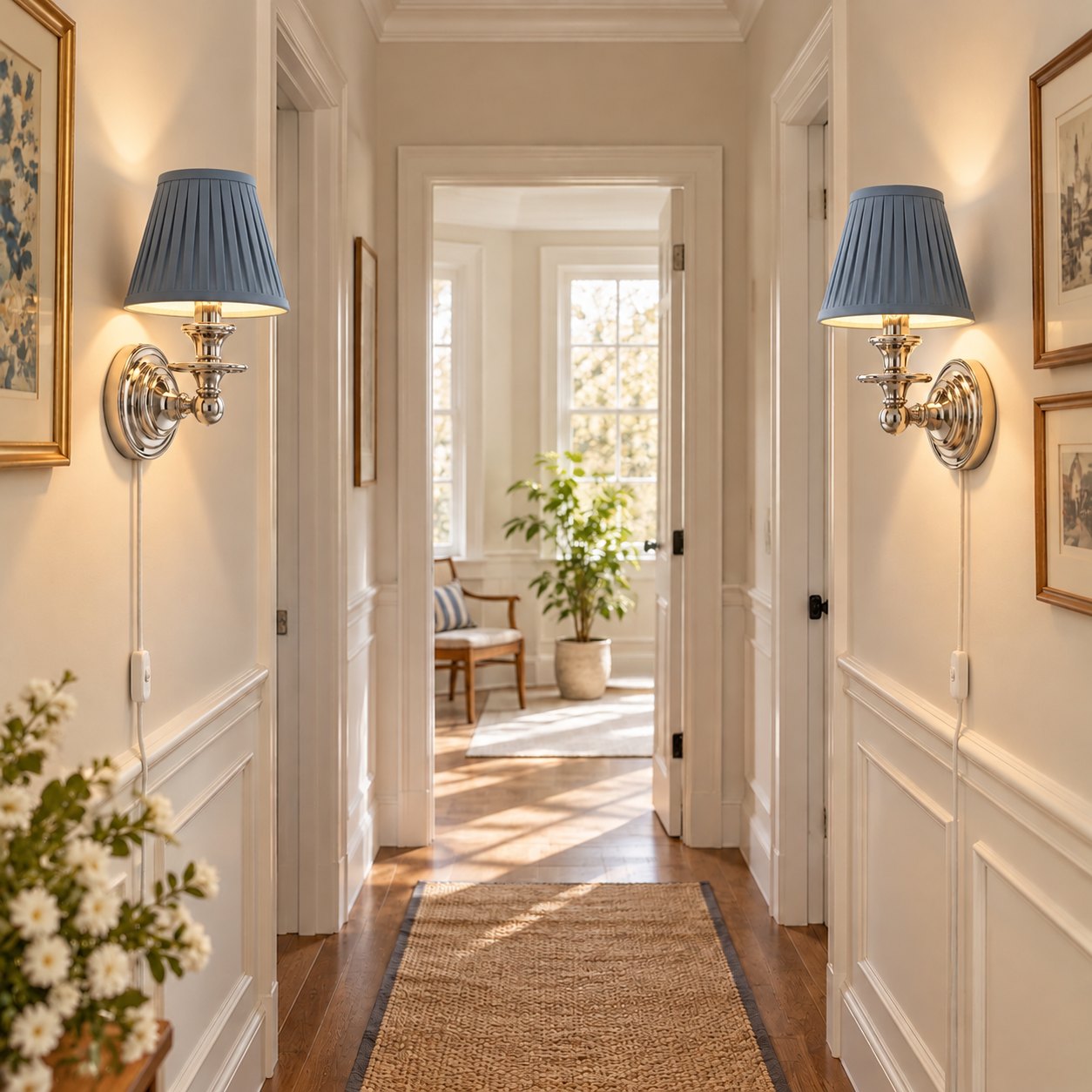 Dusty blue pleated shade sconce in a hallway
