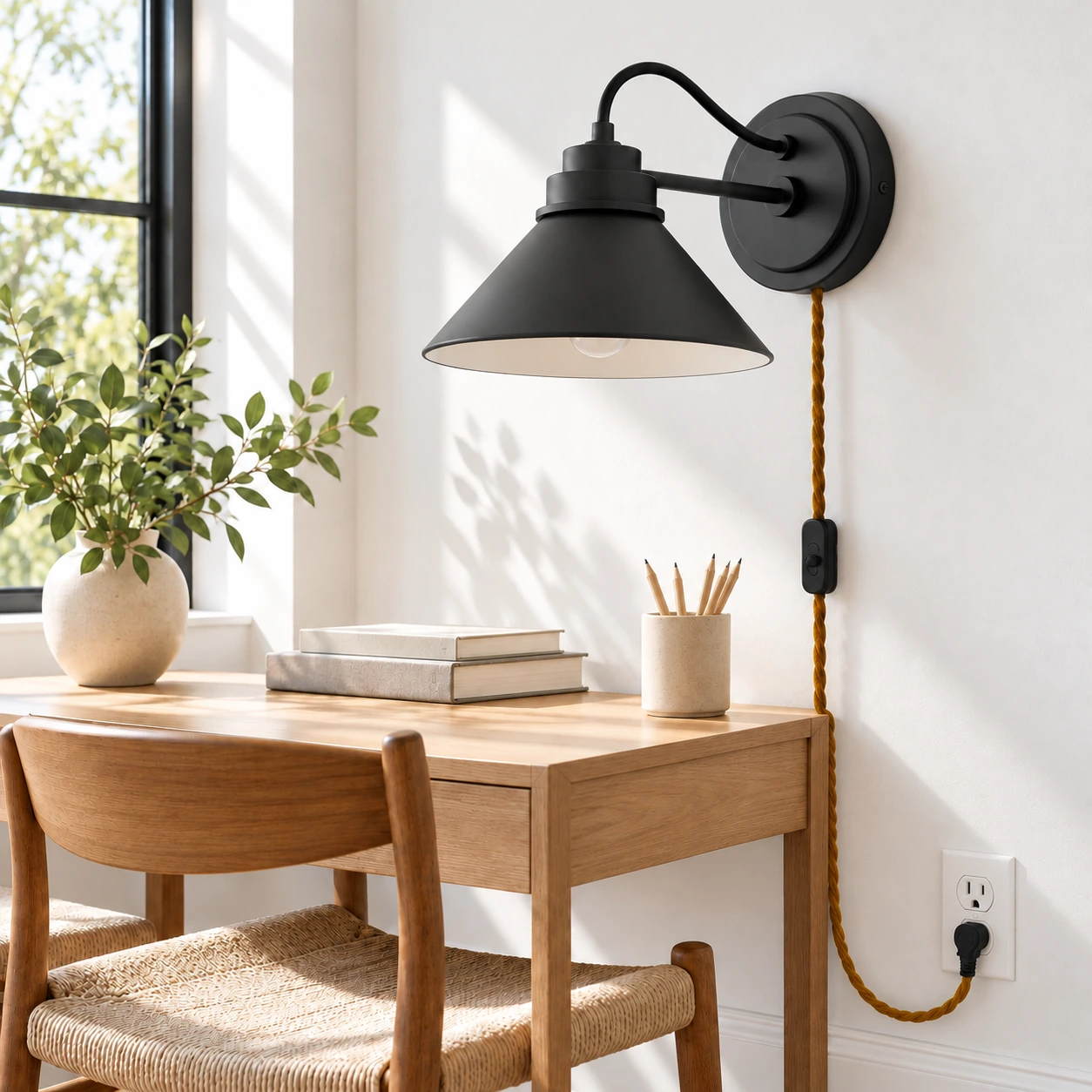 Aurenza plug-in wall light in a study