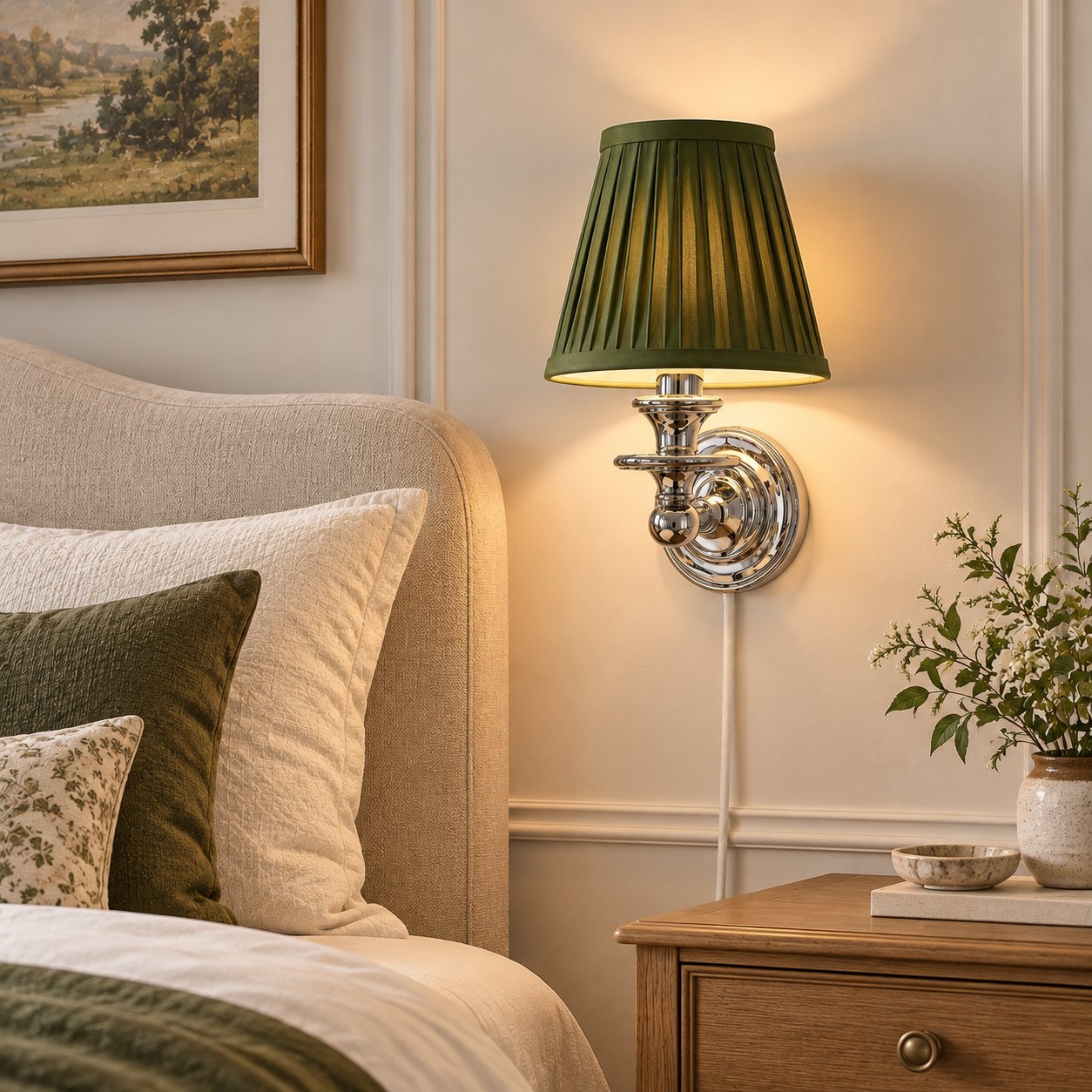 Green pleated shade sconce in a bedroom