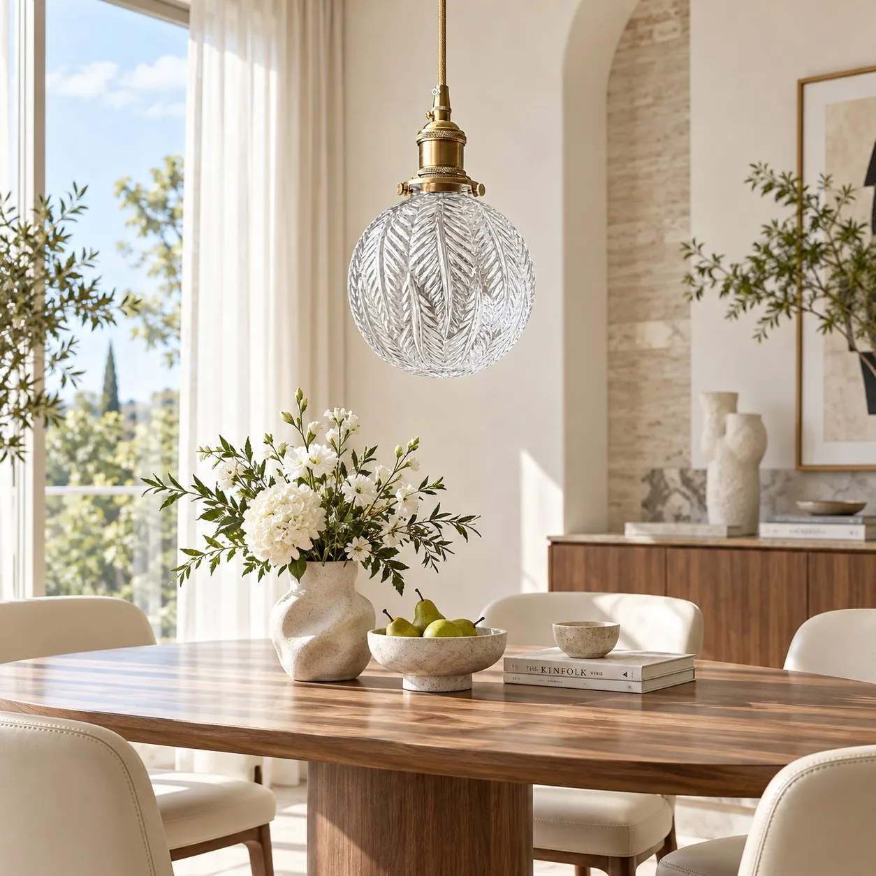 Vintage Leaf-Pattern Glass Ball Pendant Lamp in an interior setting