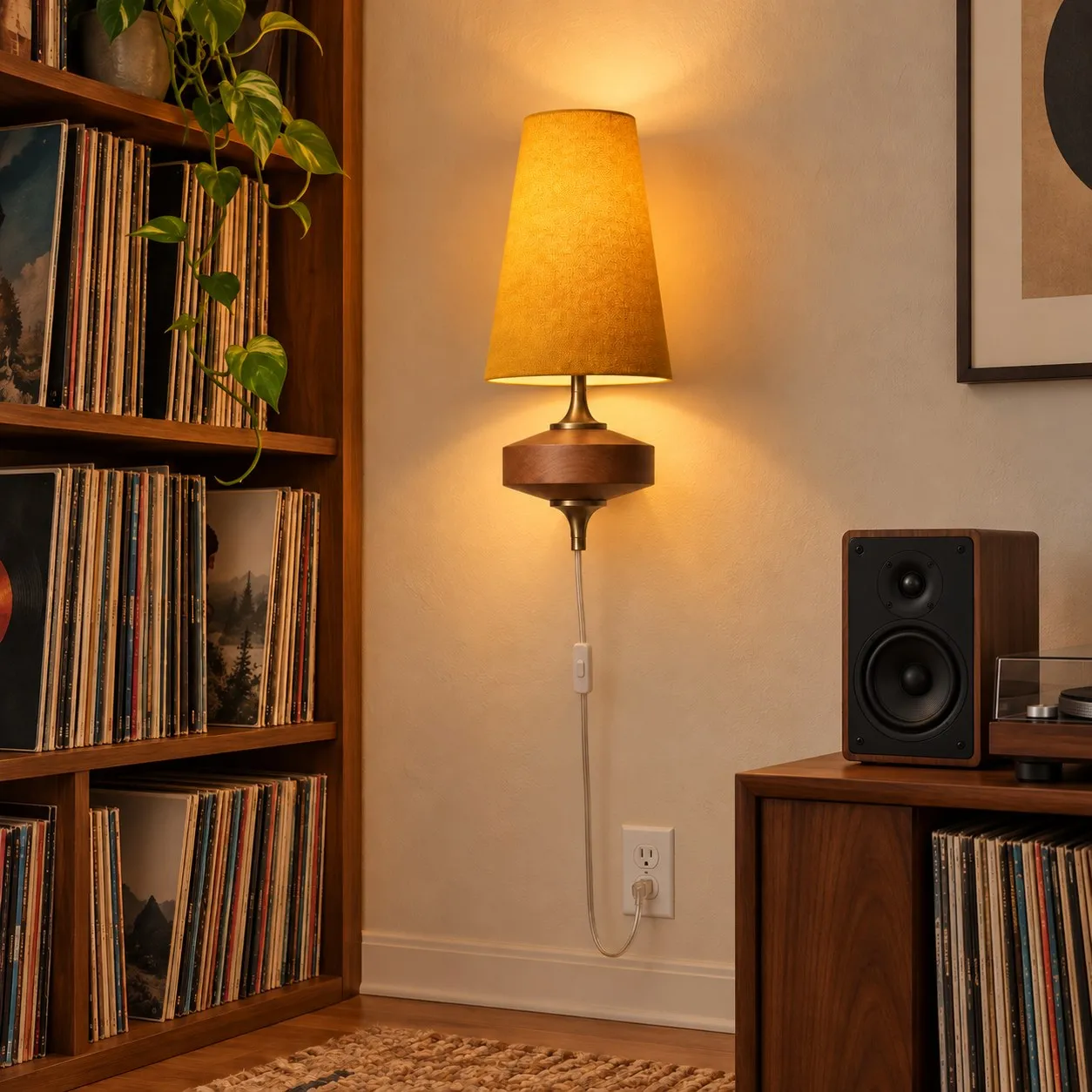 Mustard yellow Hour Rho sconce in a listening corner