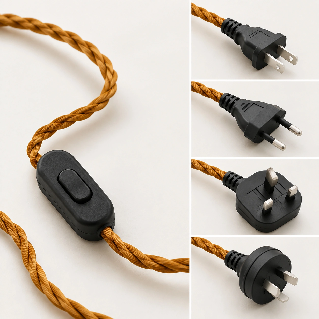 Braided cord, inline switch and US EU UK AU plug types
