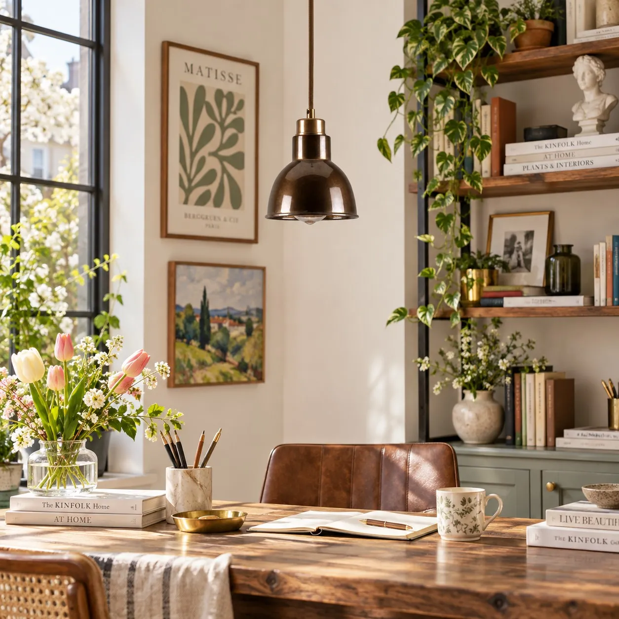Lámpara colgante industrial de latón ajustable en un ambiente interior.