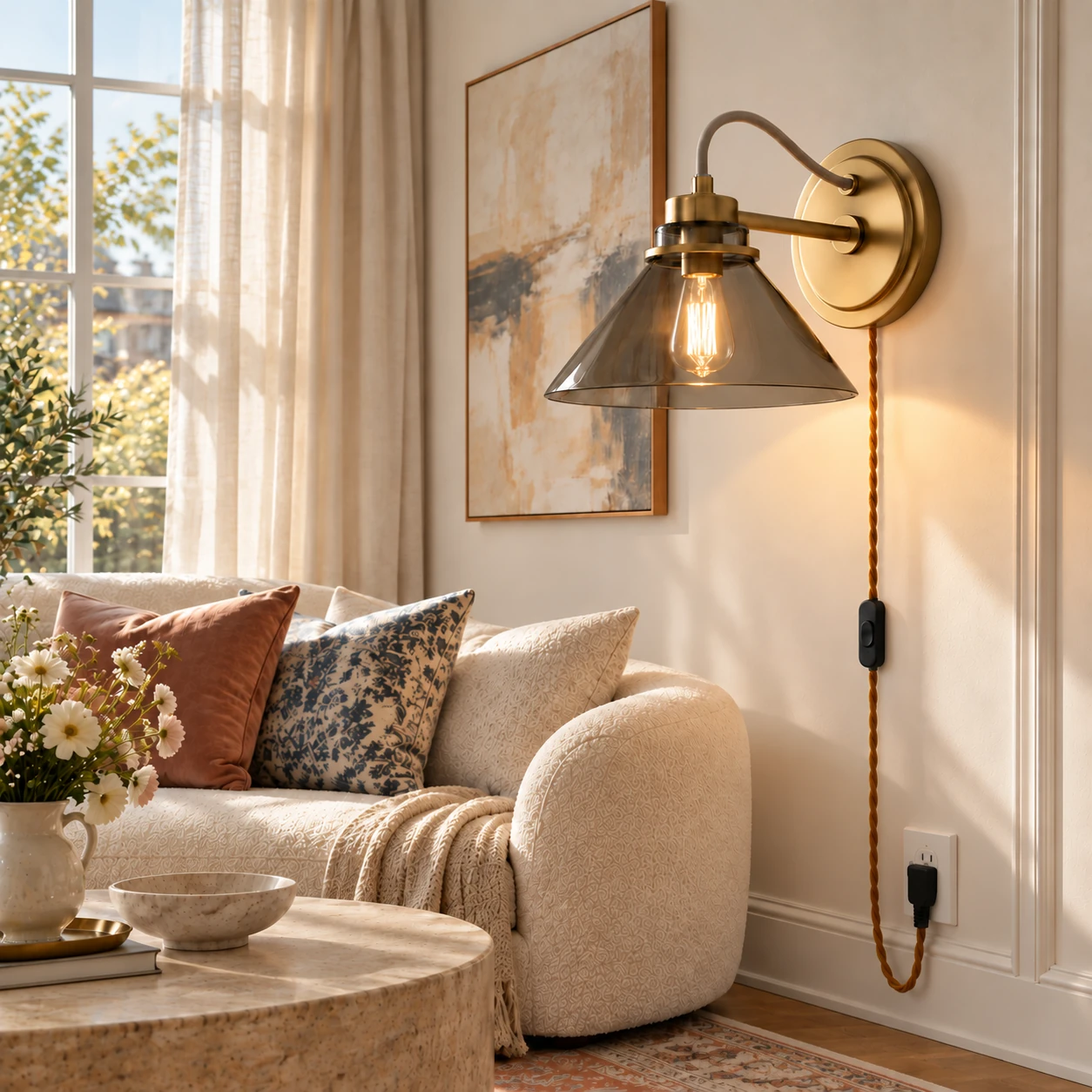 Aurenza plug-in wall light in a living room